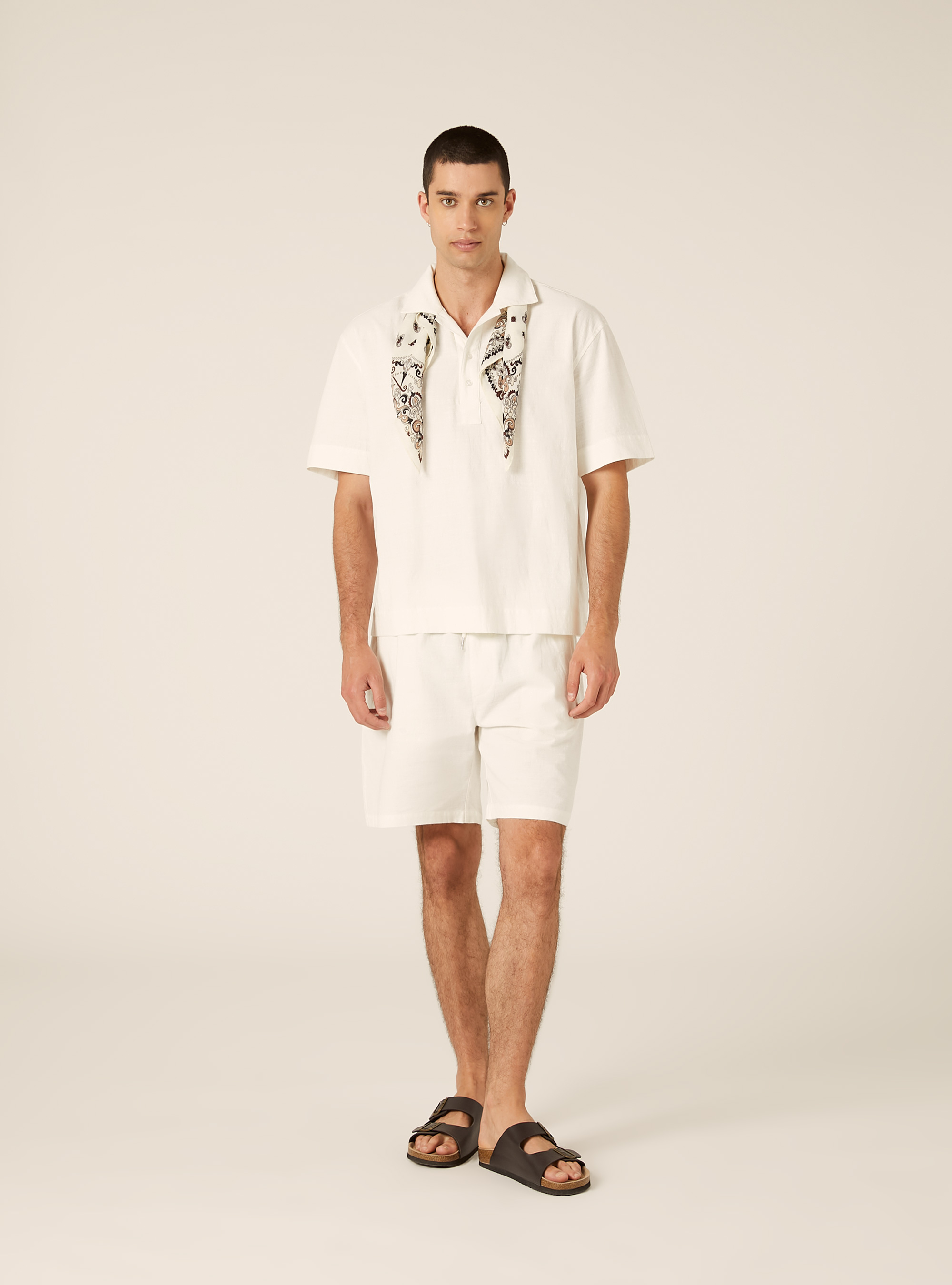 Polo Camisero de Mezcla de Lino, WH1 OFF WHITE