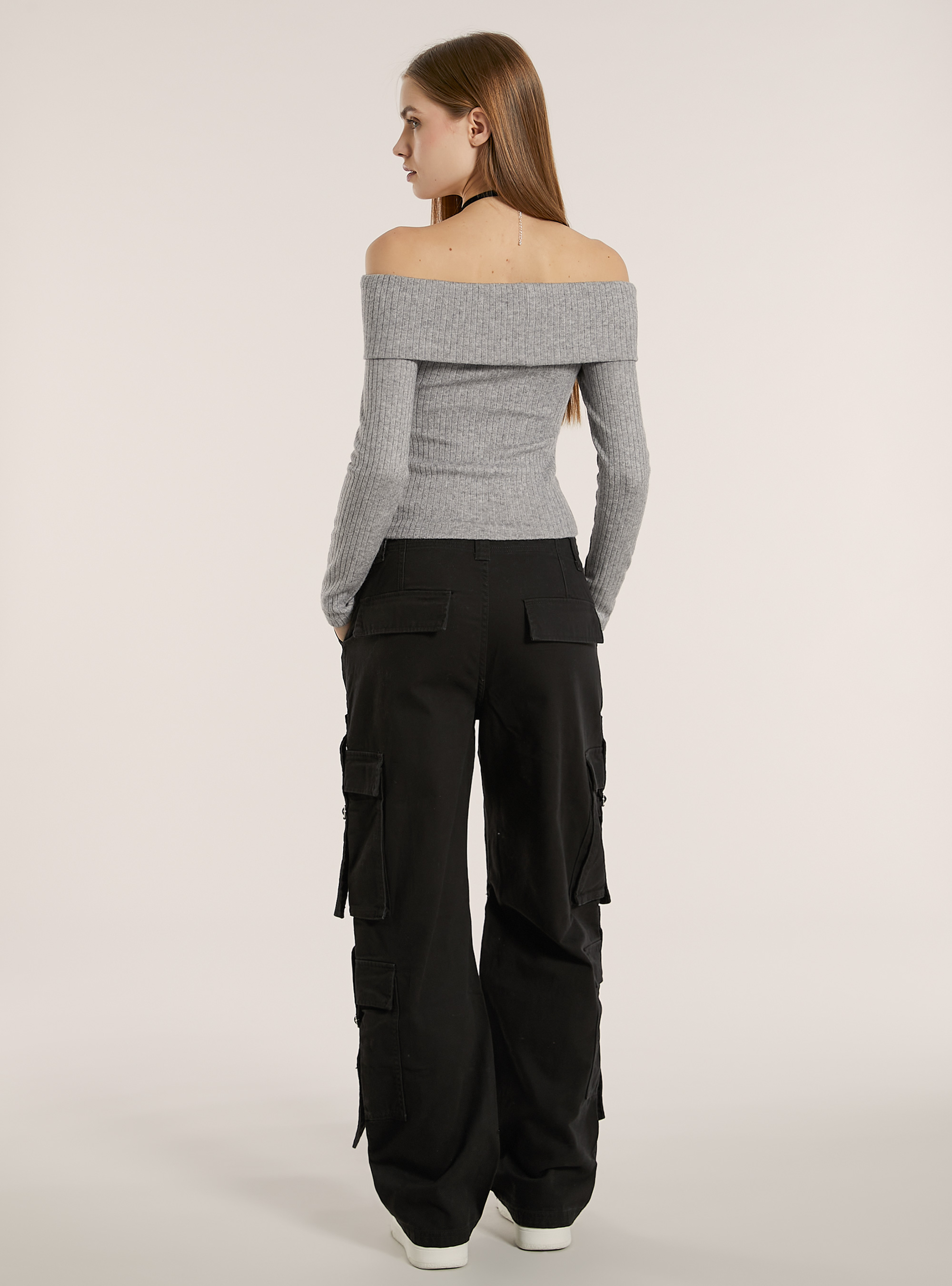 Pullover with ribbed bardot neckline, MGY2 GREY MEL MEDIUM