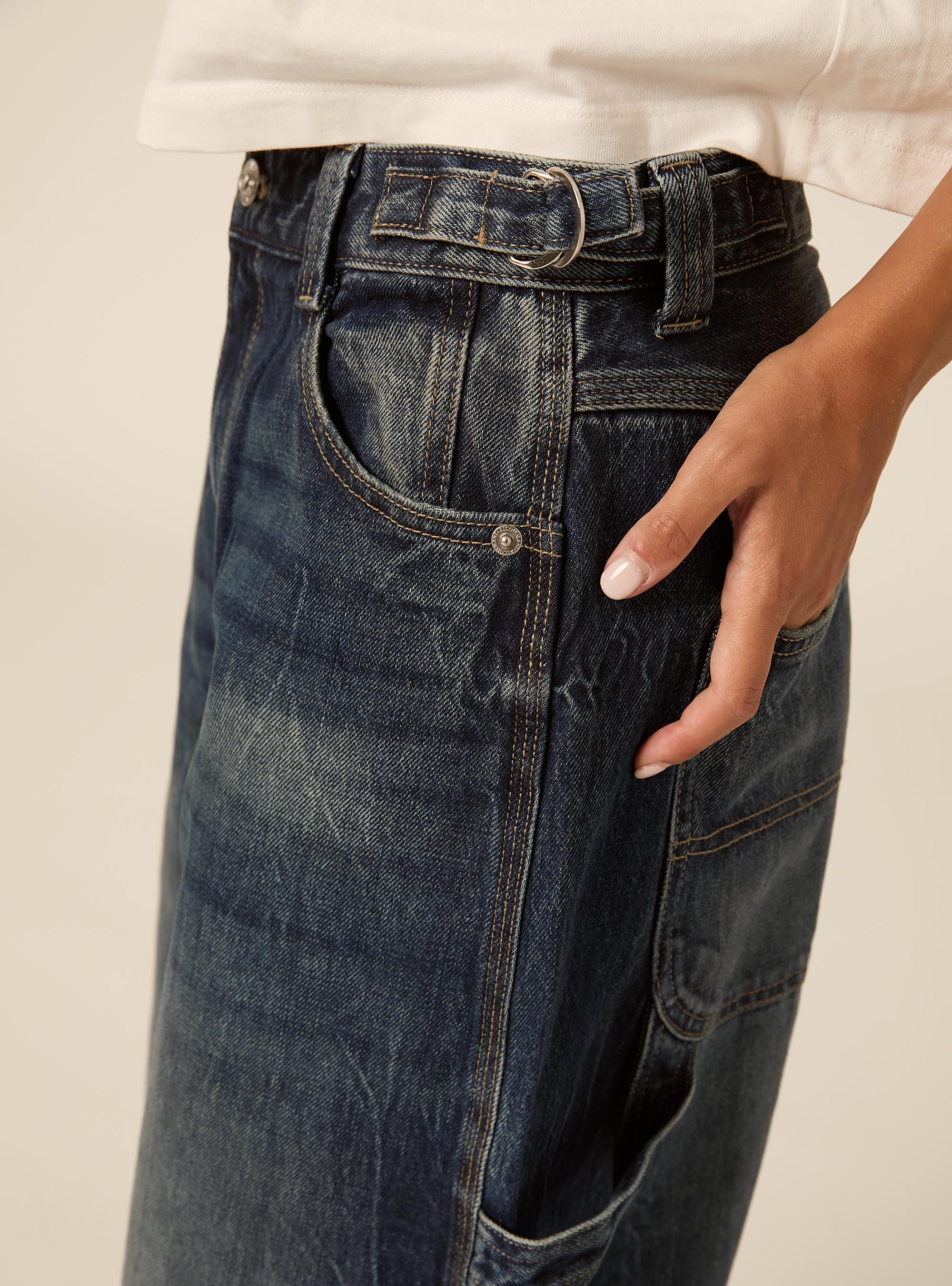 Jeans balloon carpenter con vita regolabile, D003 MEDIUM BLUE