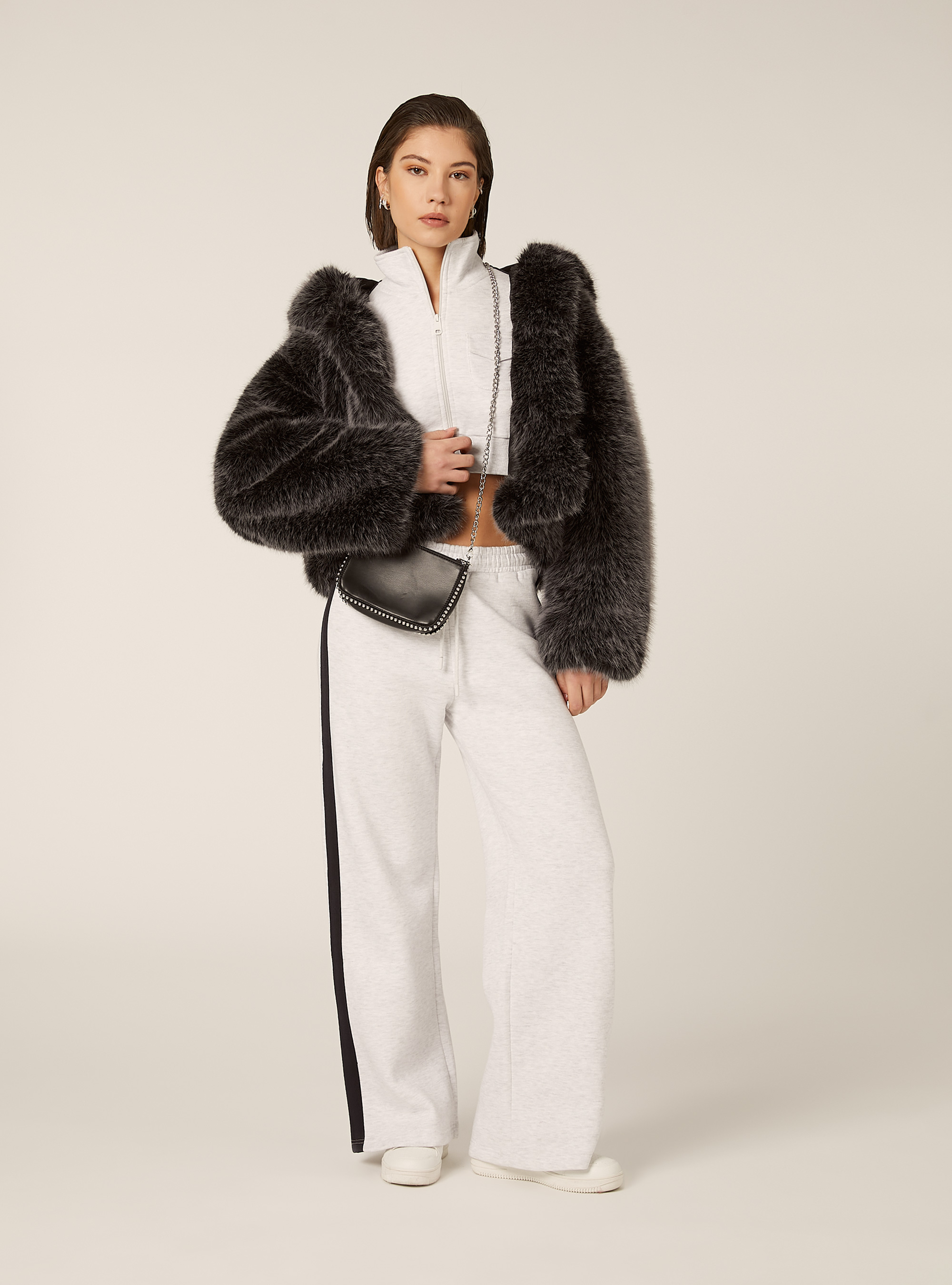 Felpa cropped zip con bande laterali, MGY3 GREY MEL LIGHT