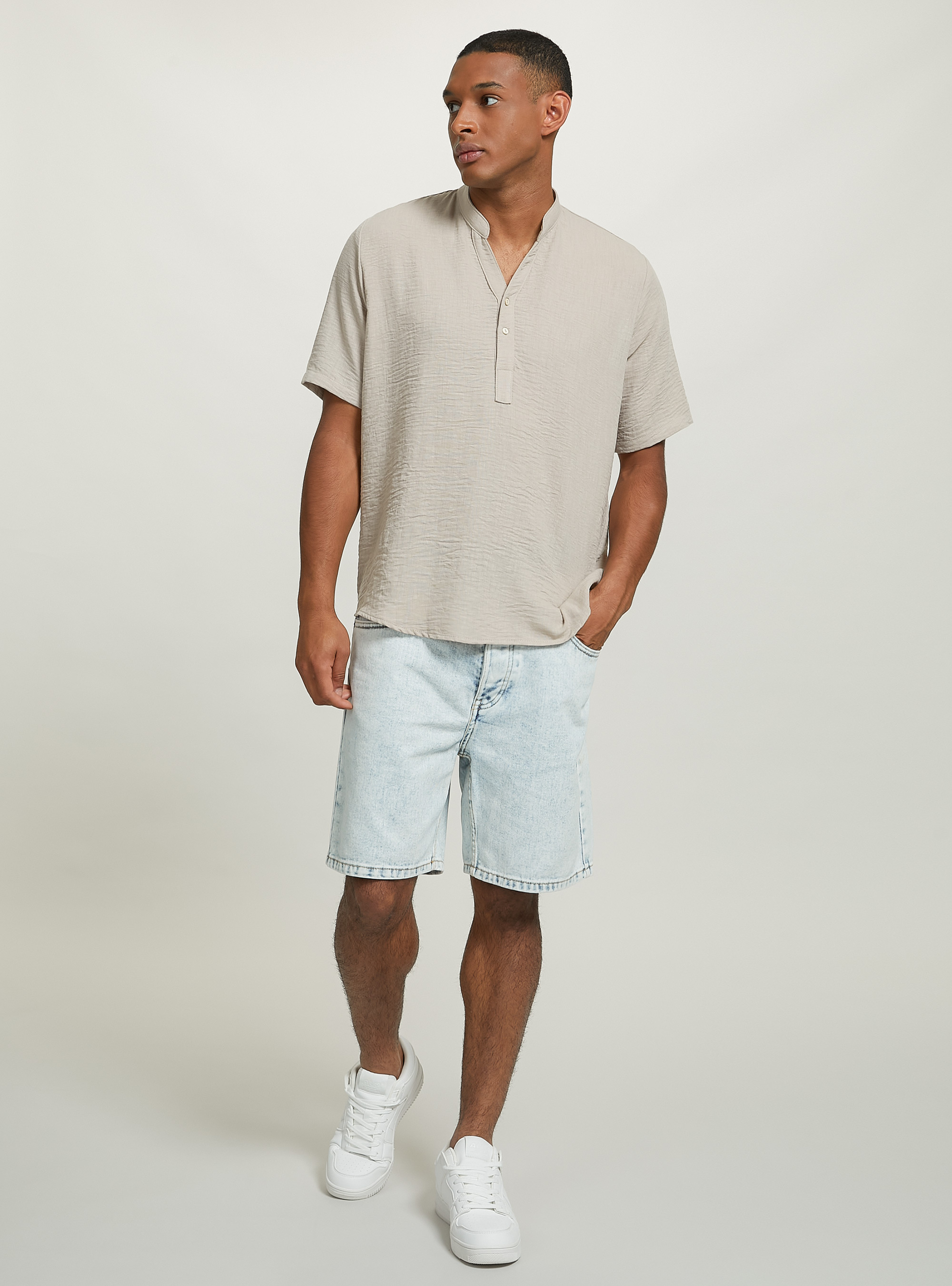 Camicia basica collo coreano mezza placchetta, BG3 BEIGE LIGHT