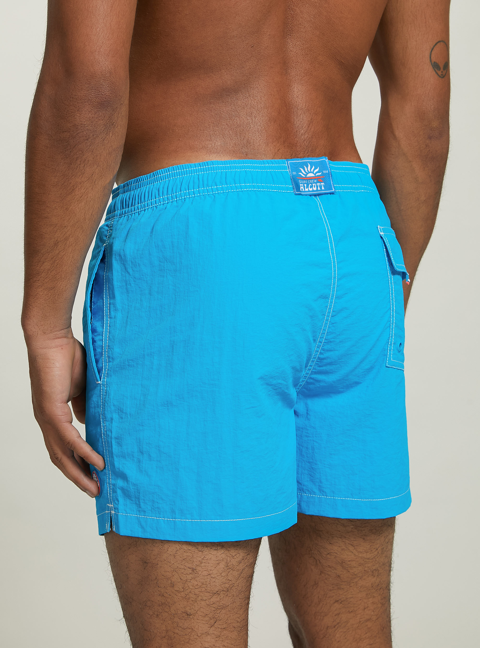 Plain-coloured swimming costume with embroidery and back pocket, FAZ2 FLUO MEDIUM AZURE