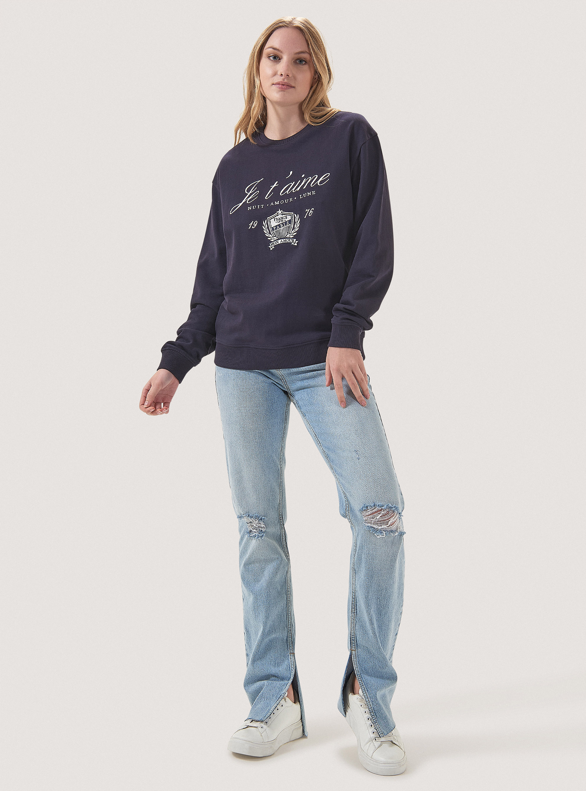 Sudadera de cuello redondo con bordado, AZUL MARINO