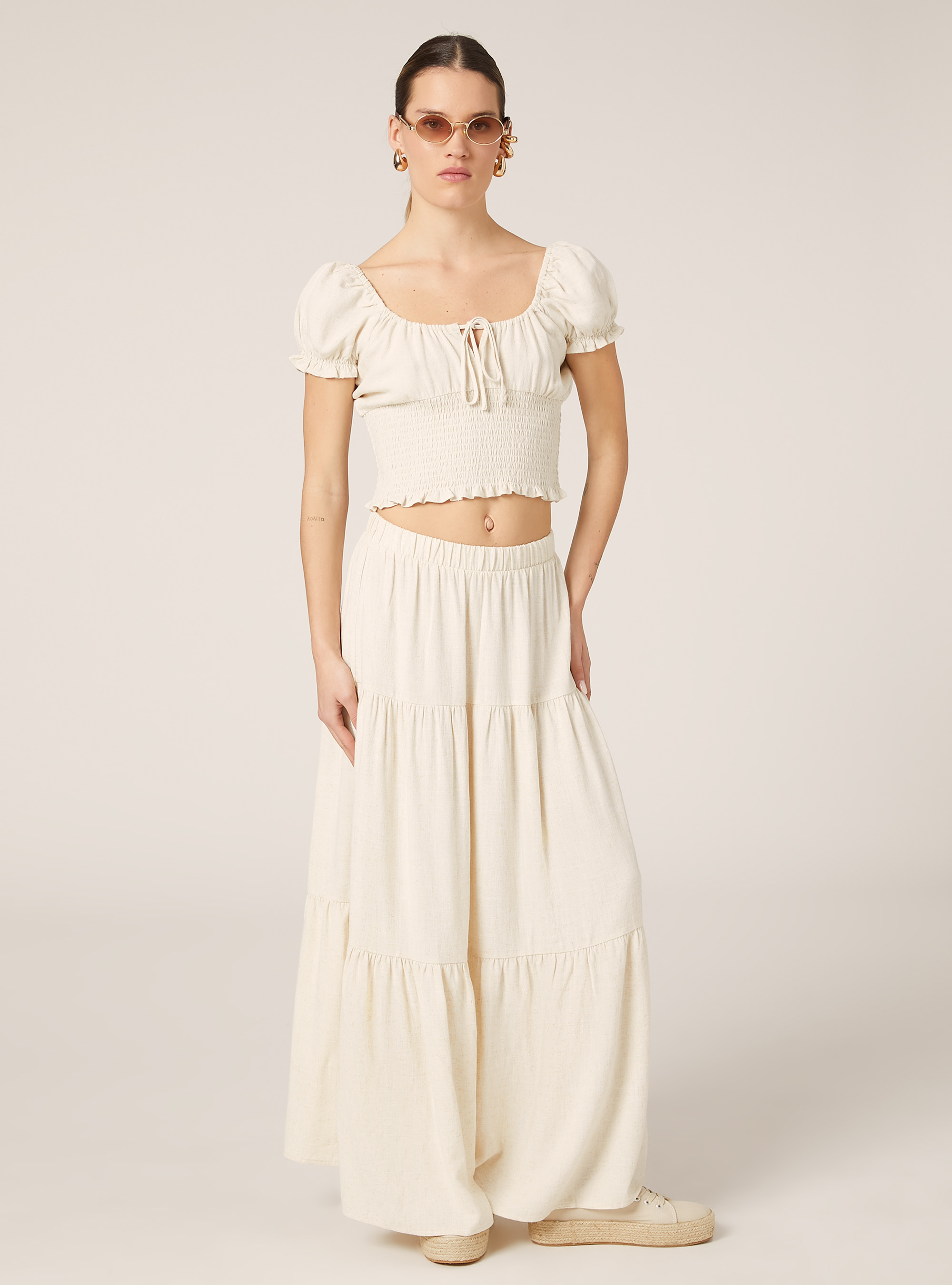 Jupe midi à volants en lin mélangé, MBG3 BEIGE MEL LIGHT