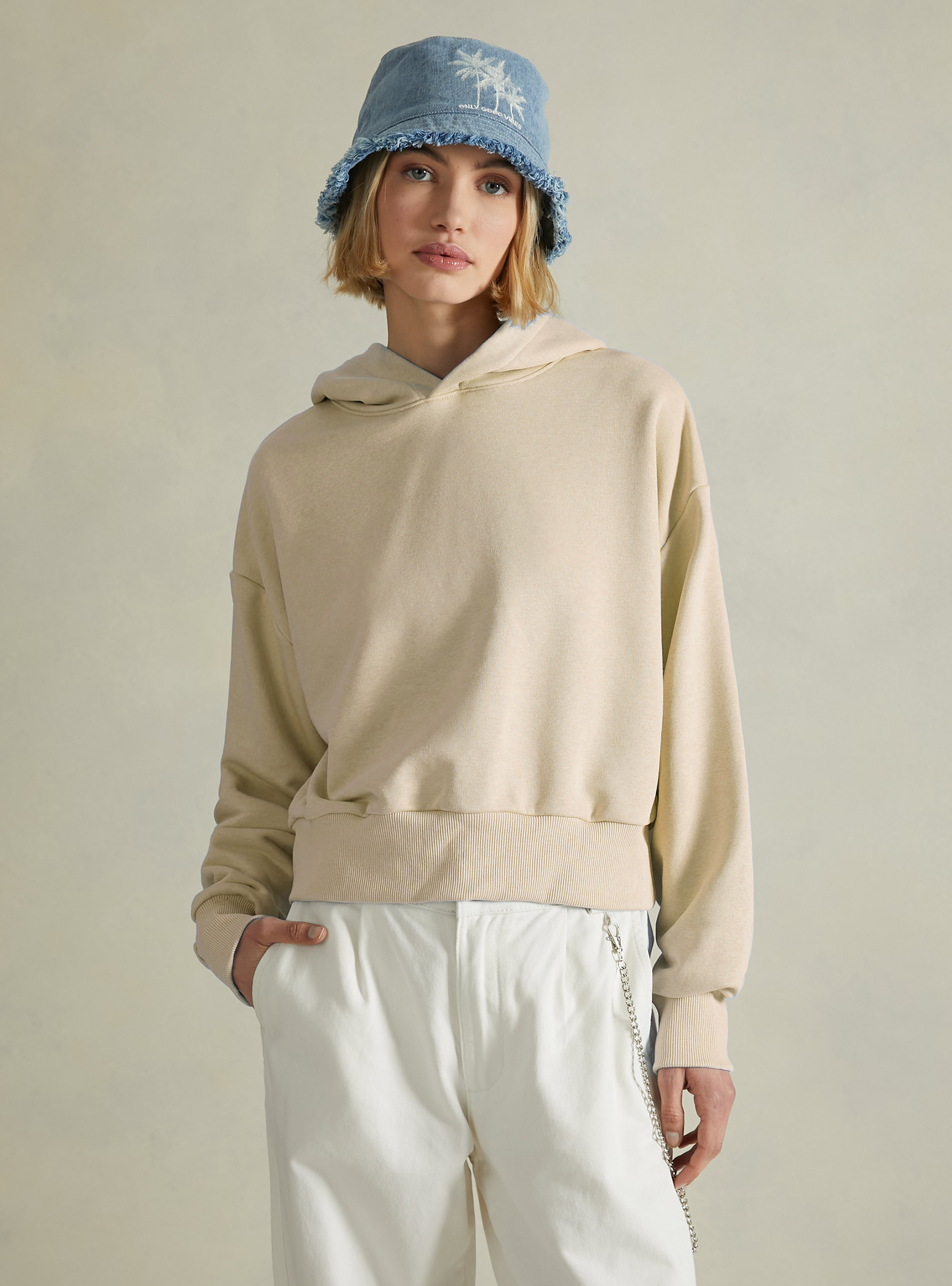 Felpa boxy fit con cappuccio, BG3 BEIGE LIGHT
