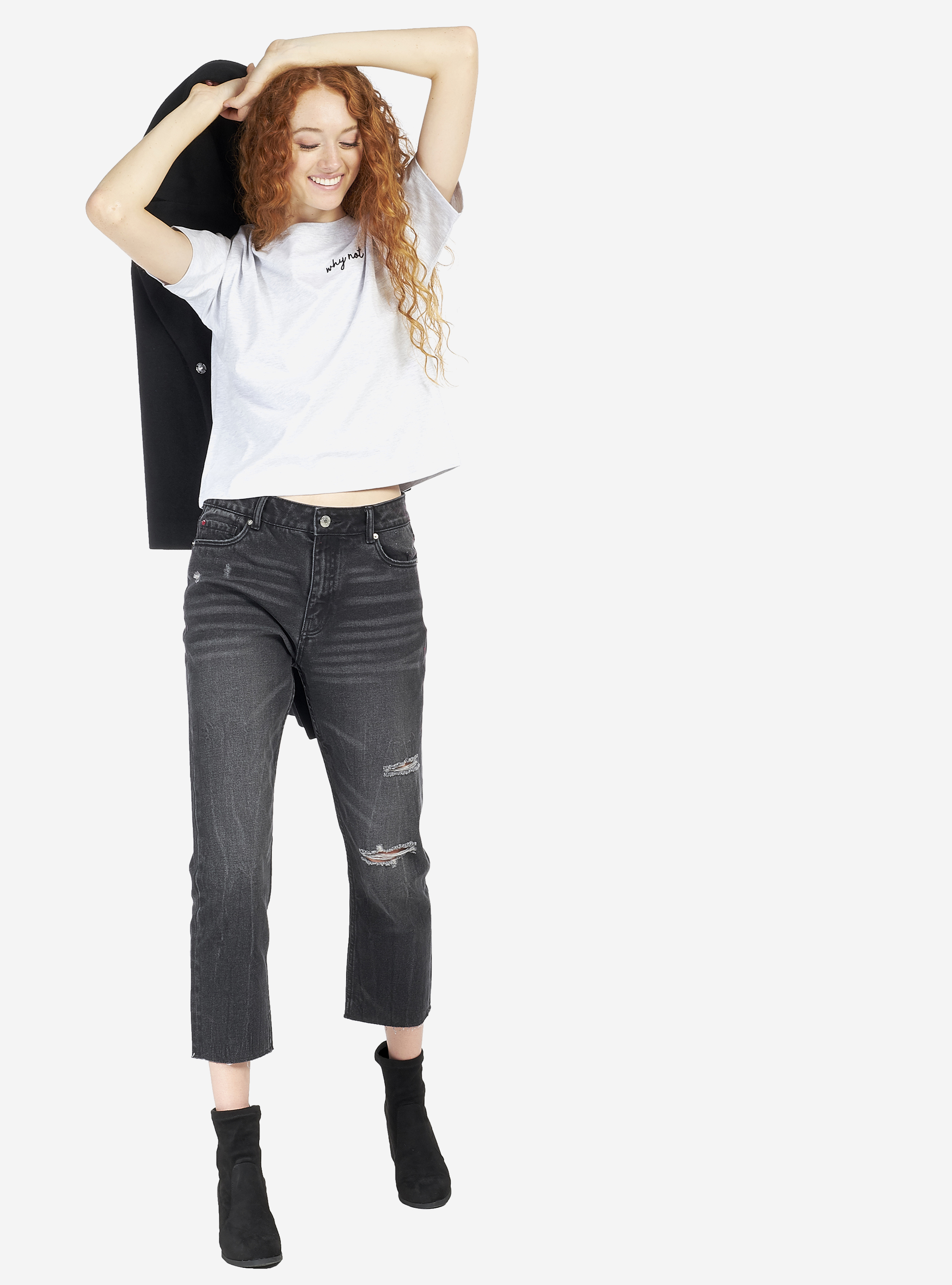 CROPPED SHIRT WITH WRITING, WHITE MELANGE