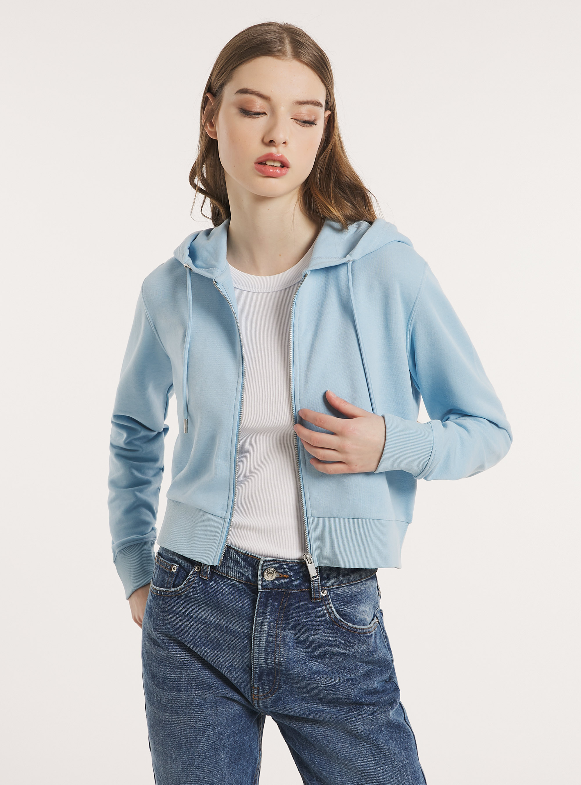 Sweatshirt in Boxy-Passform mit Reißverschluss und Kapuze, AZ3 AZURE LIGHT