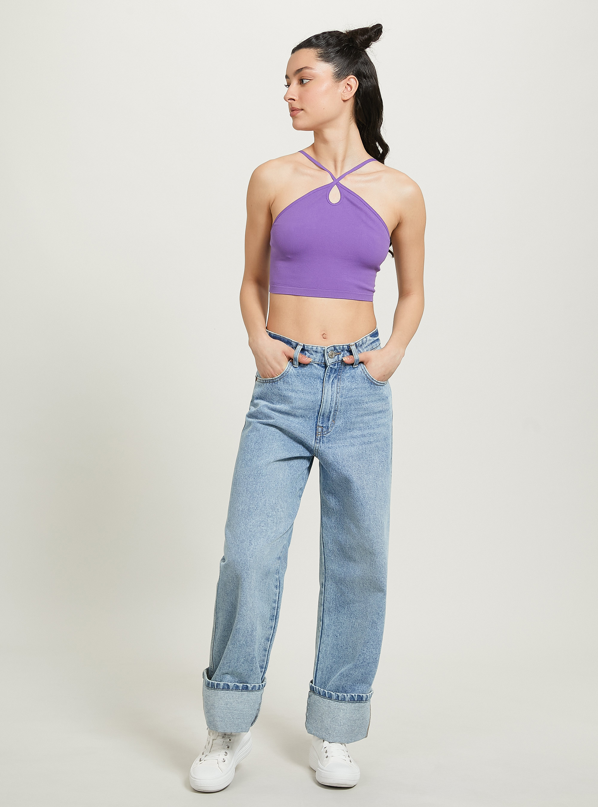 Top cropped con scollo incrociato, VI2 VIOLET MEDIUM