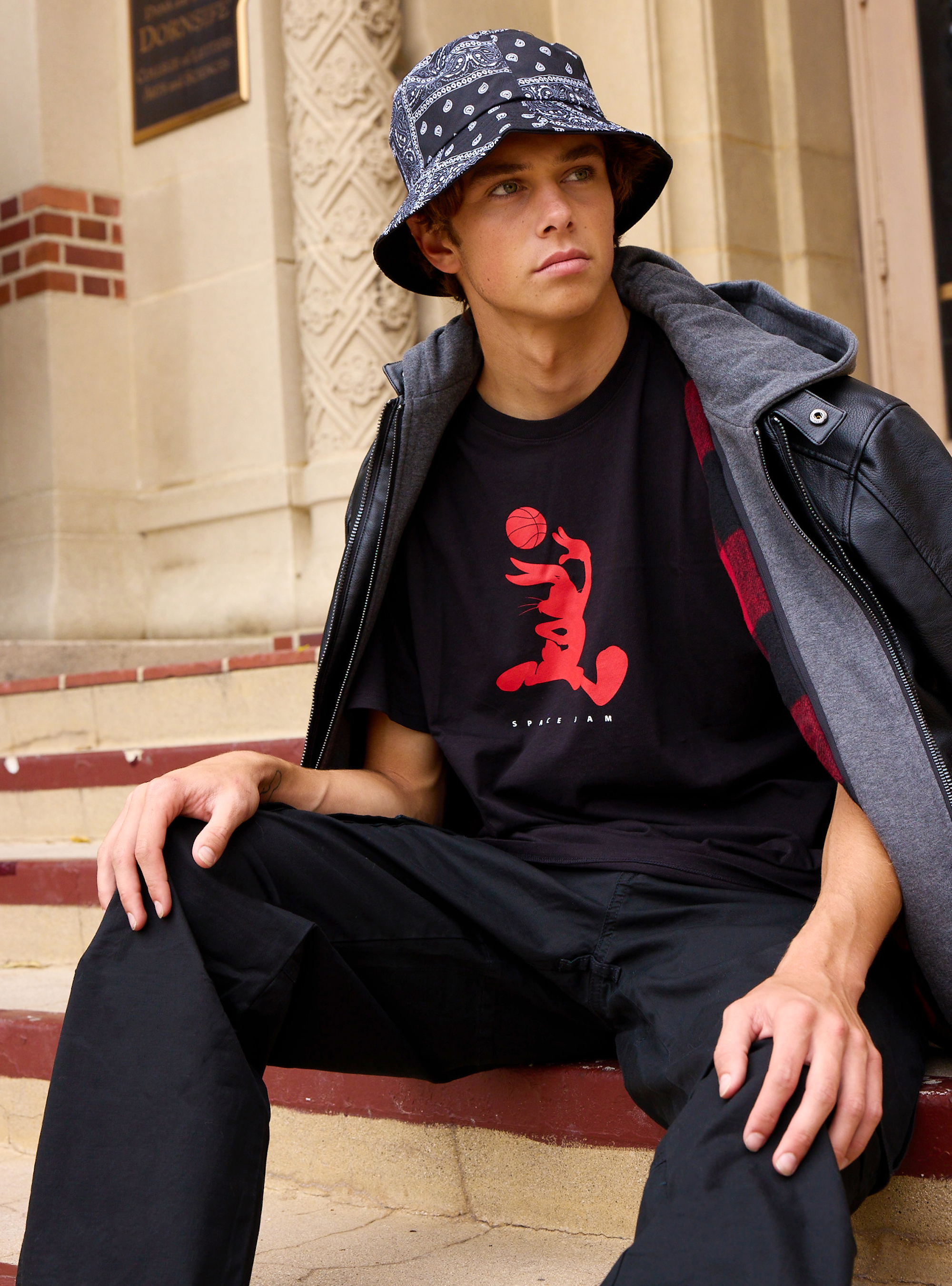 Leather effect bomber jacket with removable hood, BLACK