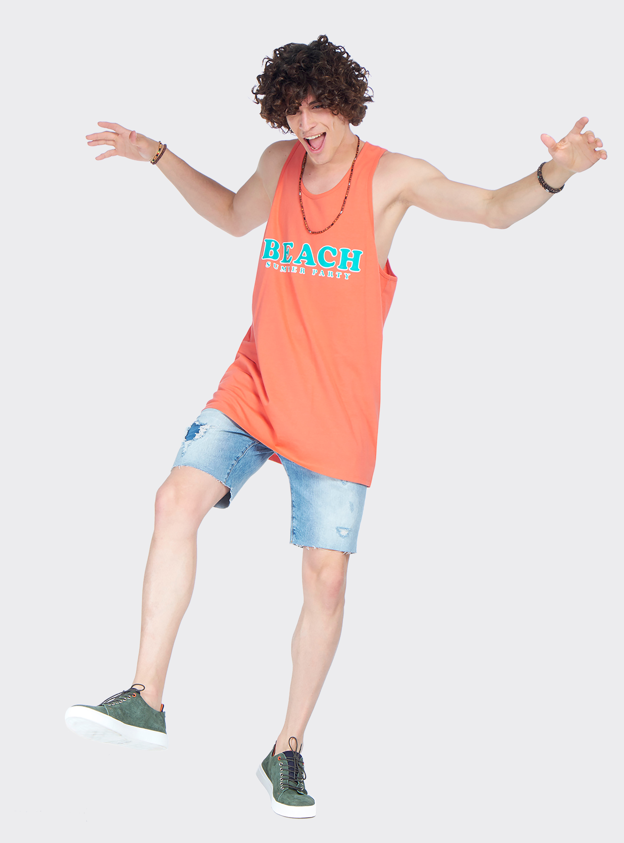 Canotta long e oversize fit con stampa lettering, C0040 CORAL