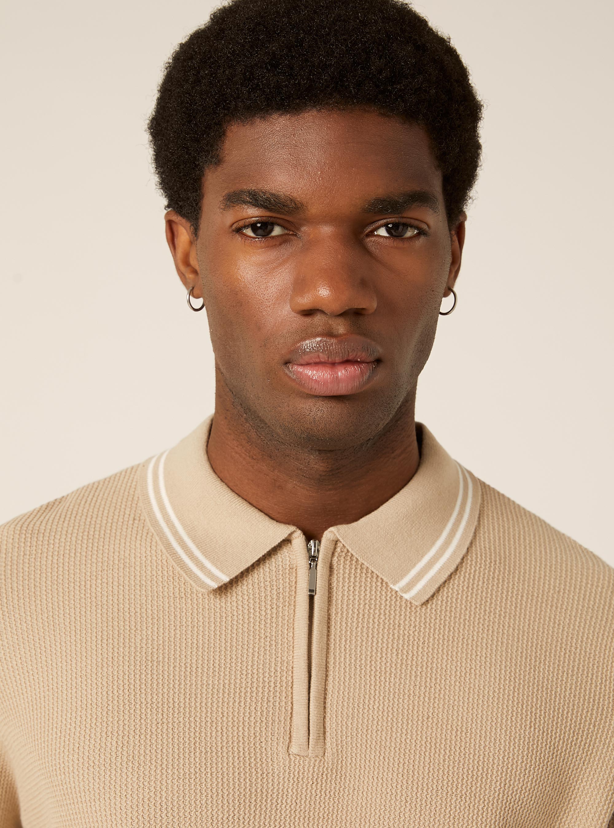 Knit polo shirt with half-zip, BG2 BEIGE MEDIUM