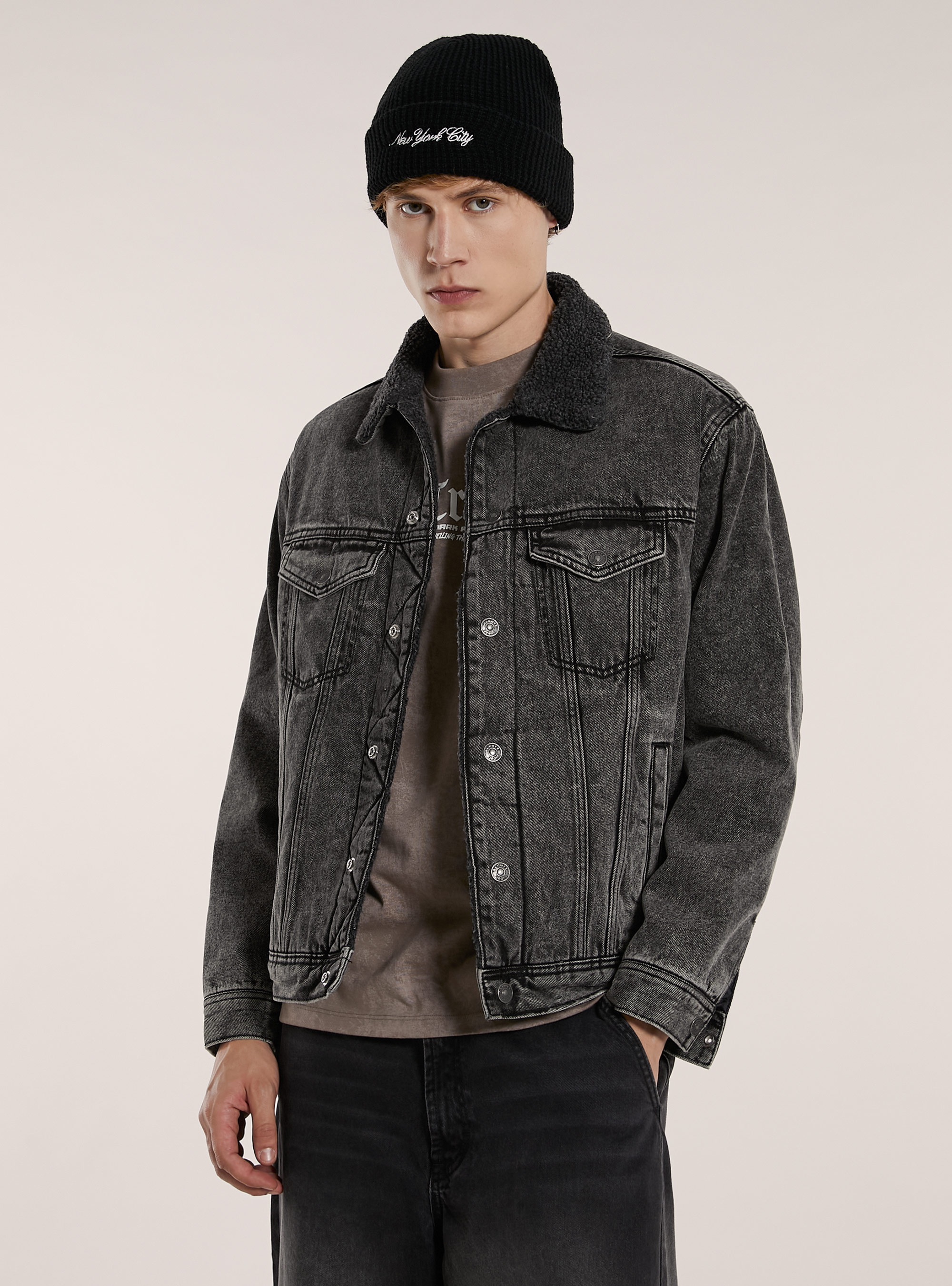 Veste en peau de mouton en denim double face, D000 BLACK
