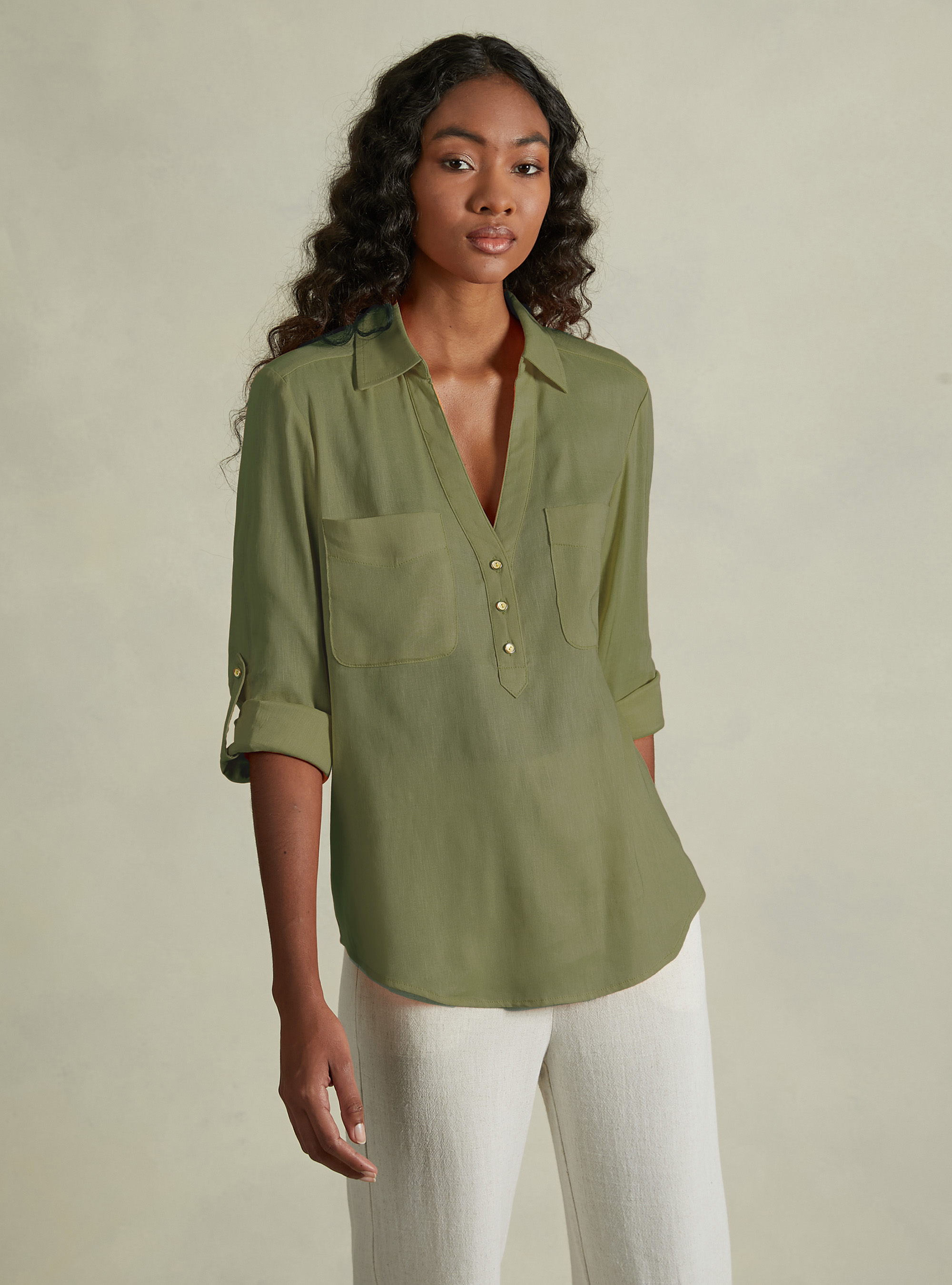 Linen-blend blouse, KY2 KAKY MEDIUM