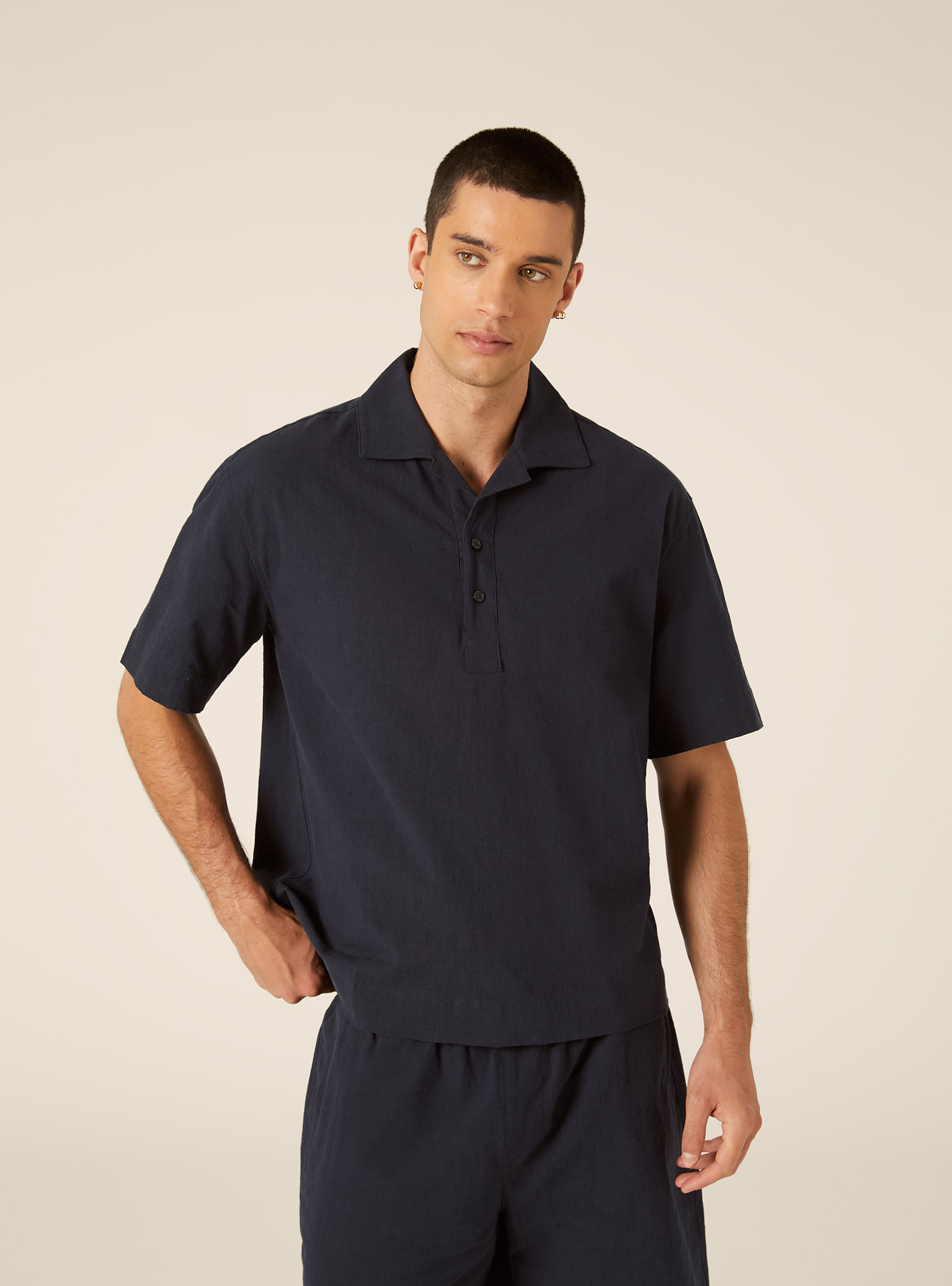 Polo Camisero de Mezcla de Lino, NA2 NAVY MEDIUM
