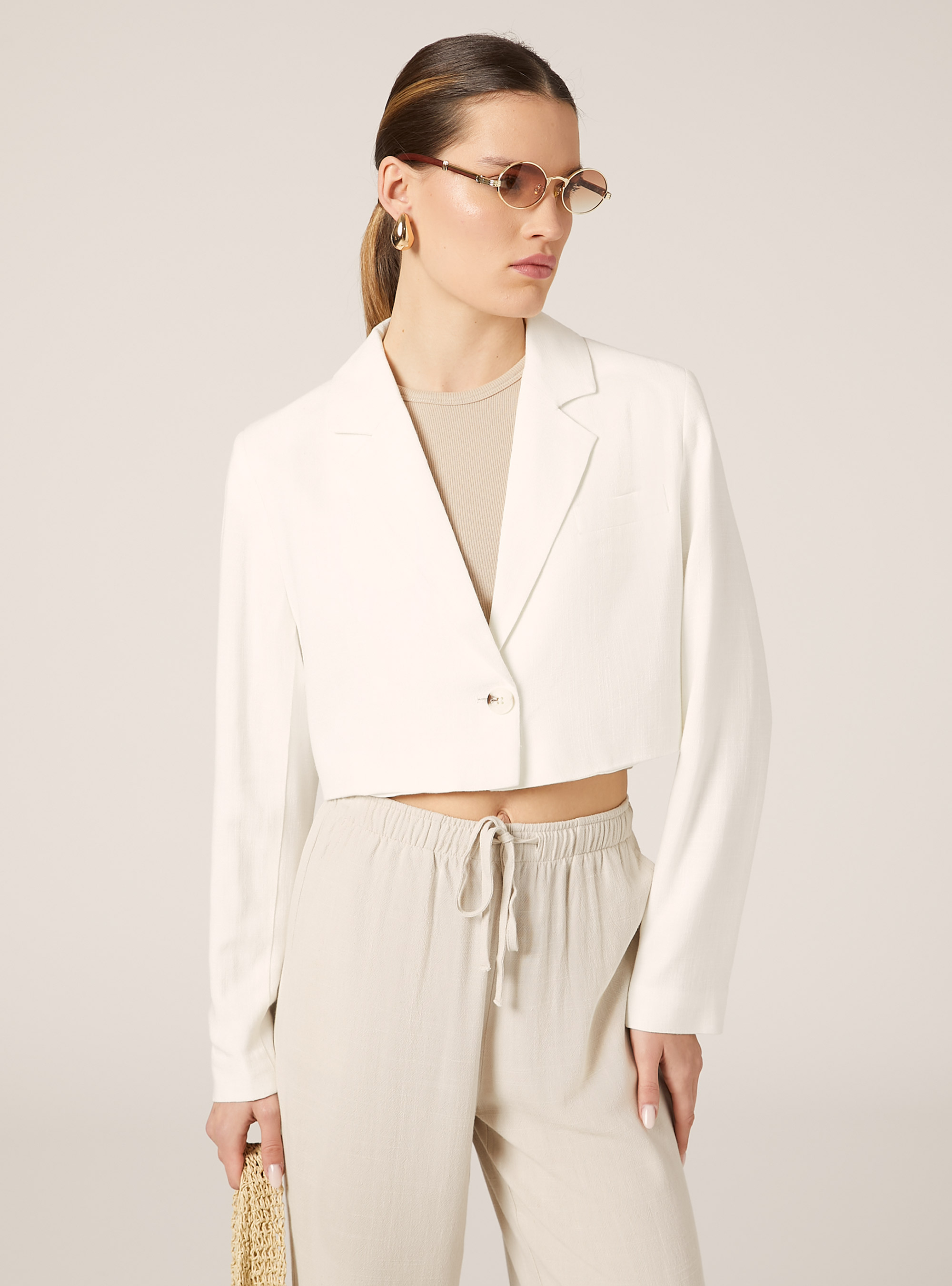 Blazer court en lin mélangé, WH2 WHITE