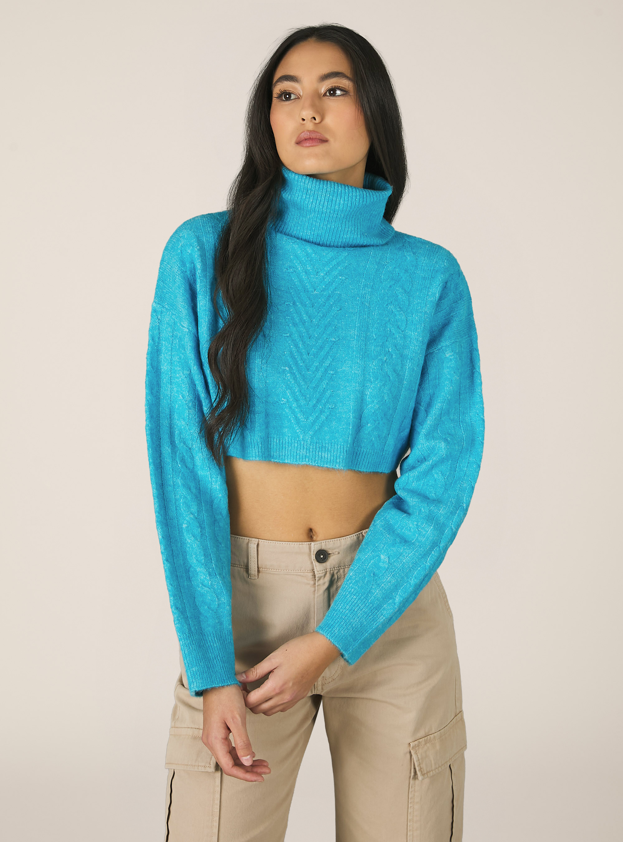 Pull à col roulé croisé, MAZ2 AZURE MEL MEDIUM