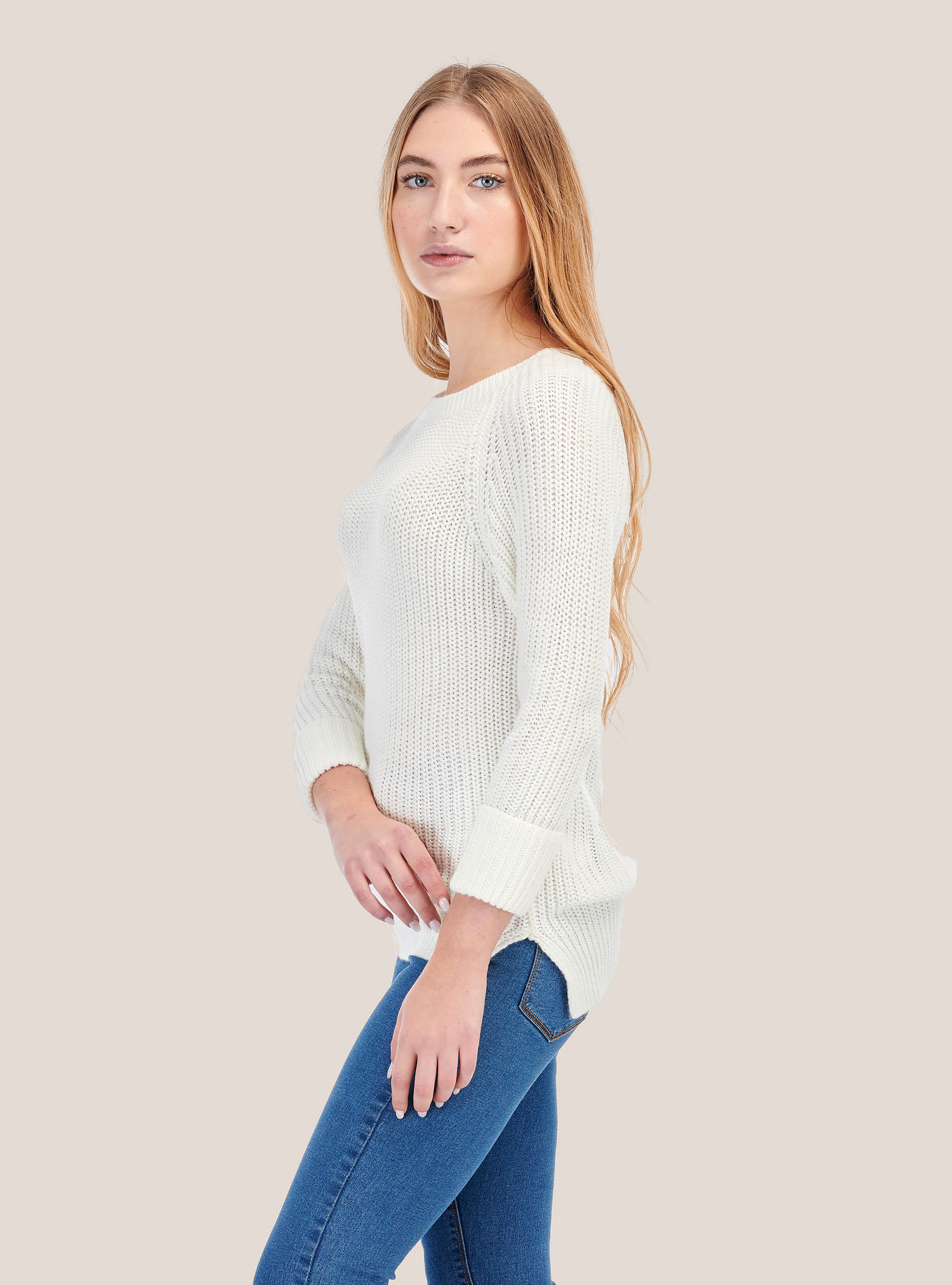 Pullover girocollo con zip dietro, BIANCO SPORCO