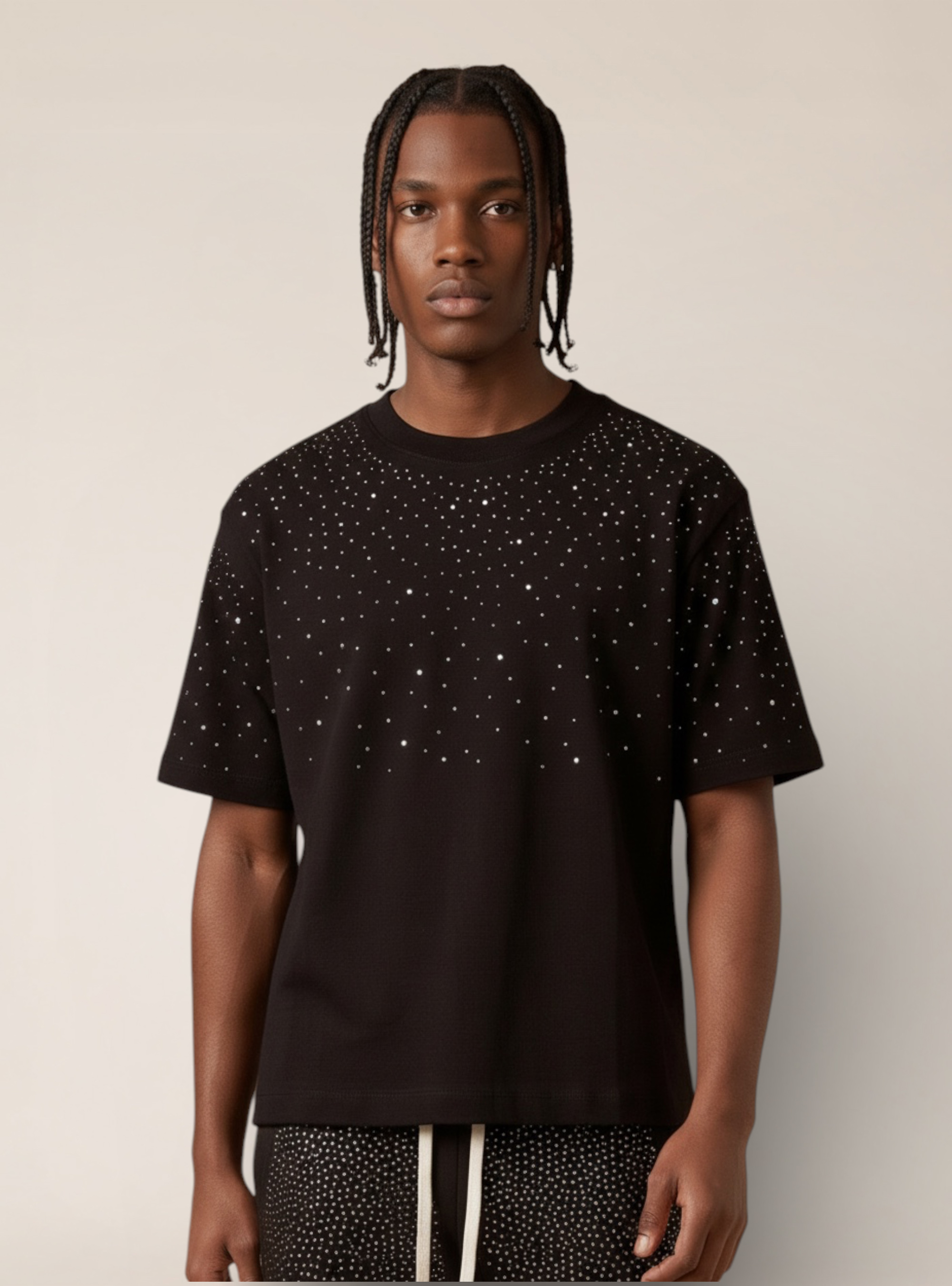T-shirt boxy  con strass, BK1 BLACK