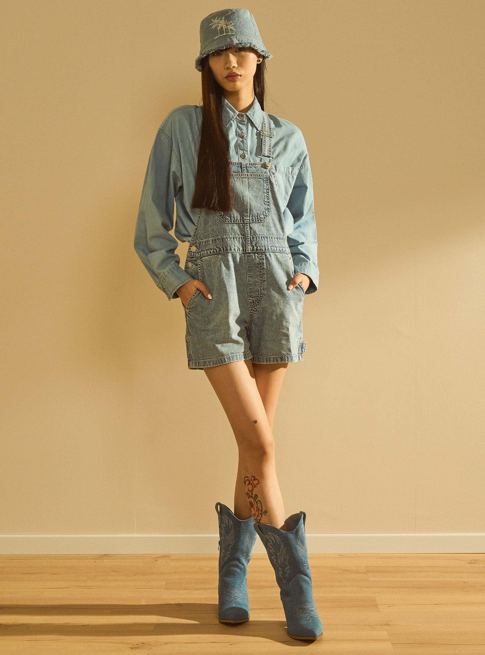 Denim dungarees shorts, D006 AZURE