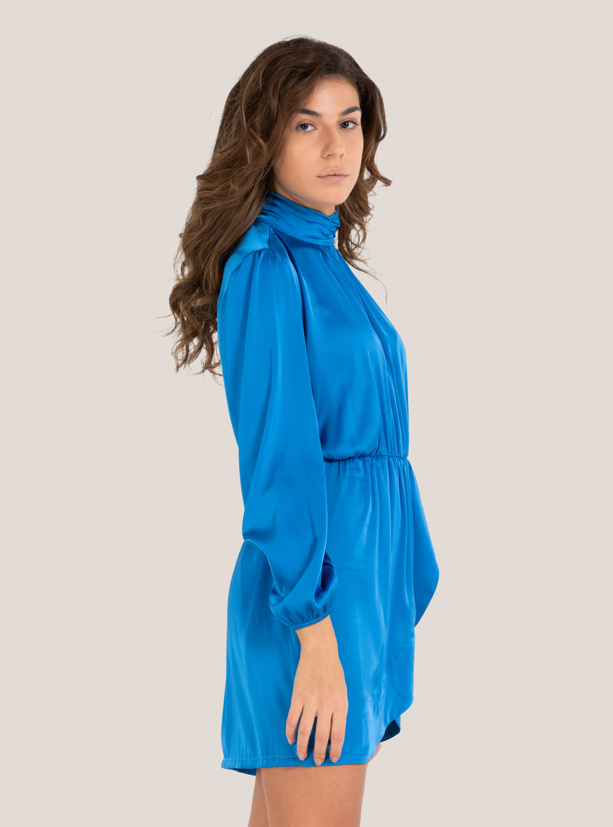 Abito in raso con gonna ad incrocio, C2291 AZZURRE