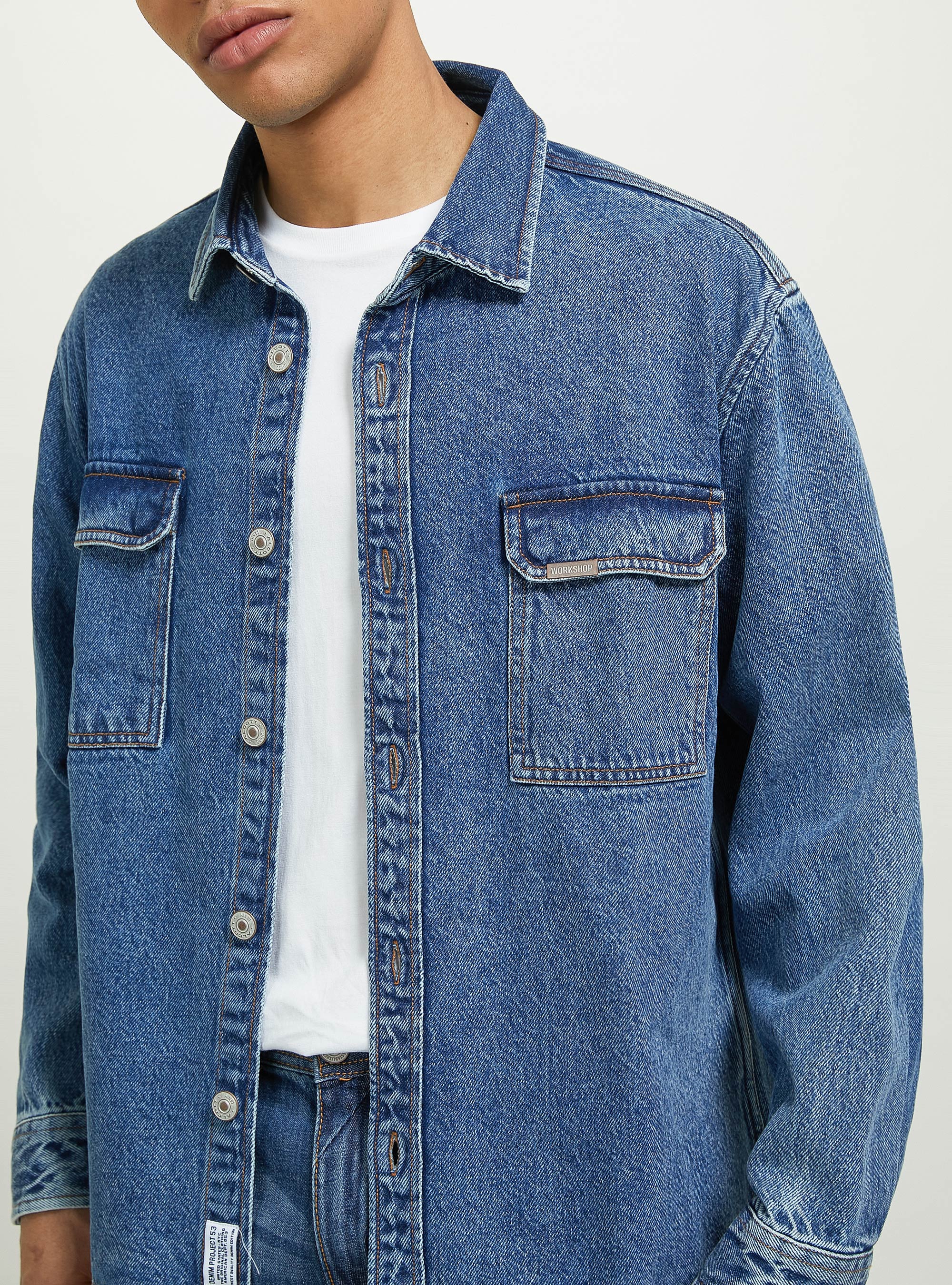 Camicia in denim oversize con tasconi, D002 MEDIUM DARK BLUE