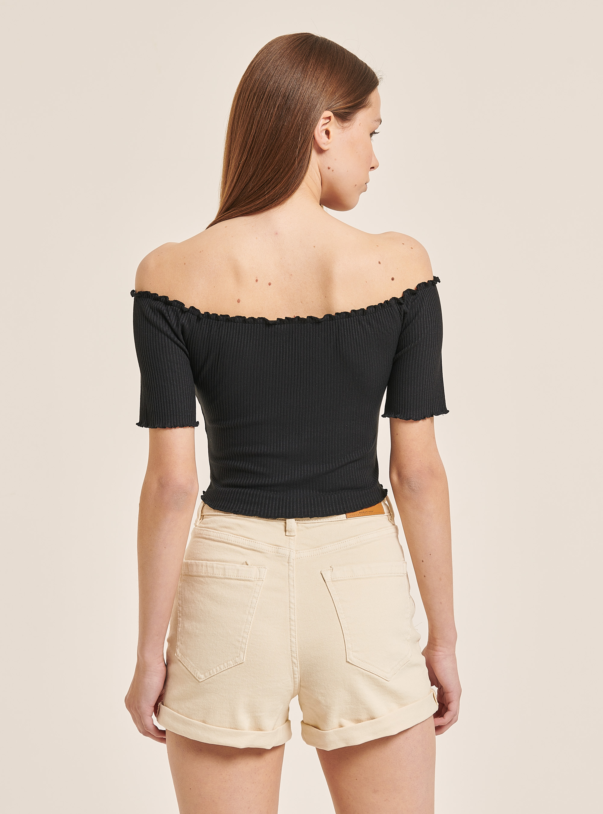 Bardot neckline and knot t-shirt, BLACK