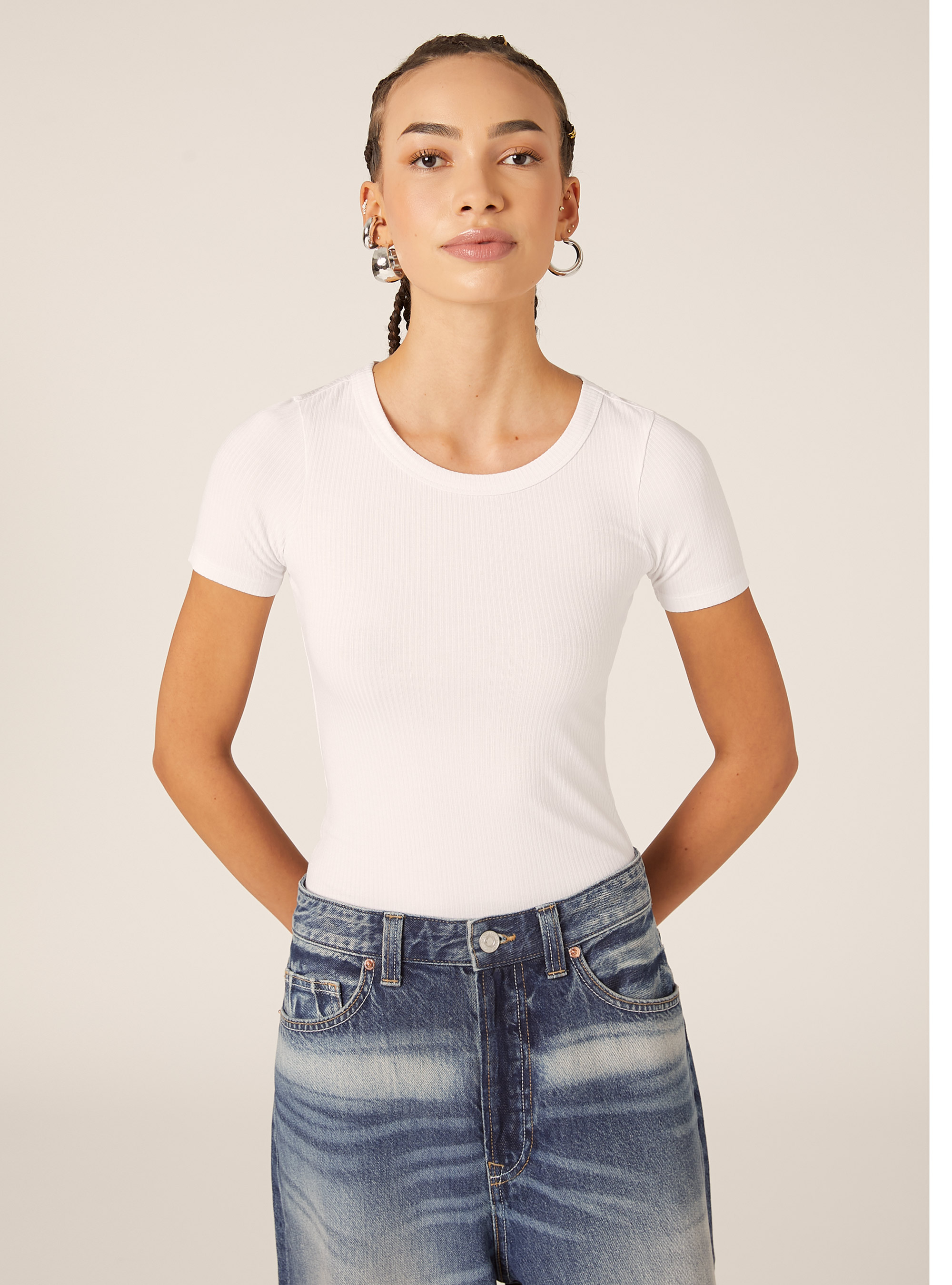 Body à manches courtes cotelées, WH3 WHITE