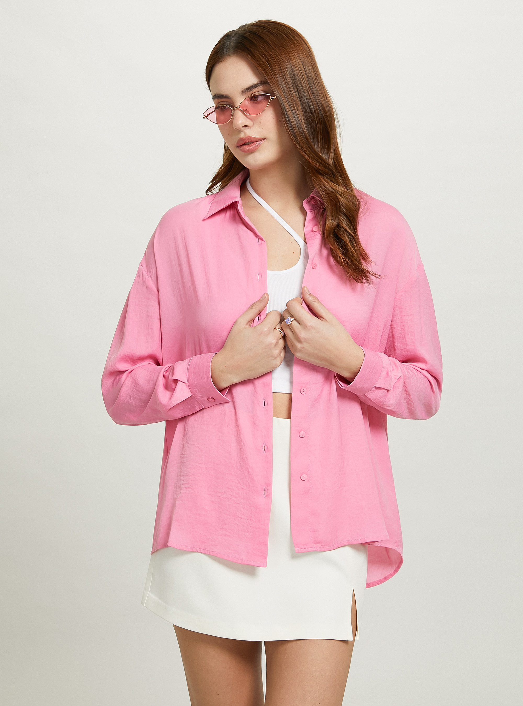 Solid-coloured satin shirt, PK1 PINK DARK