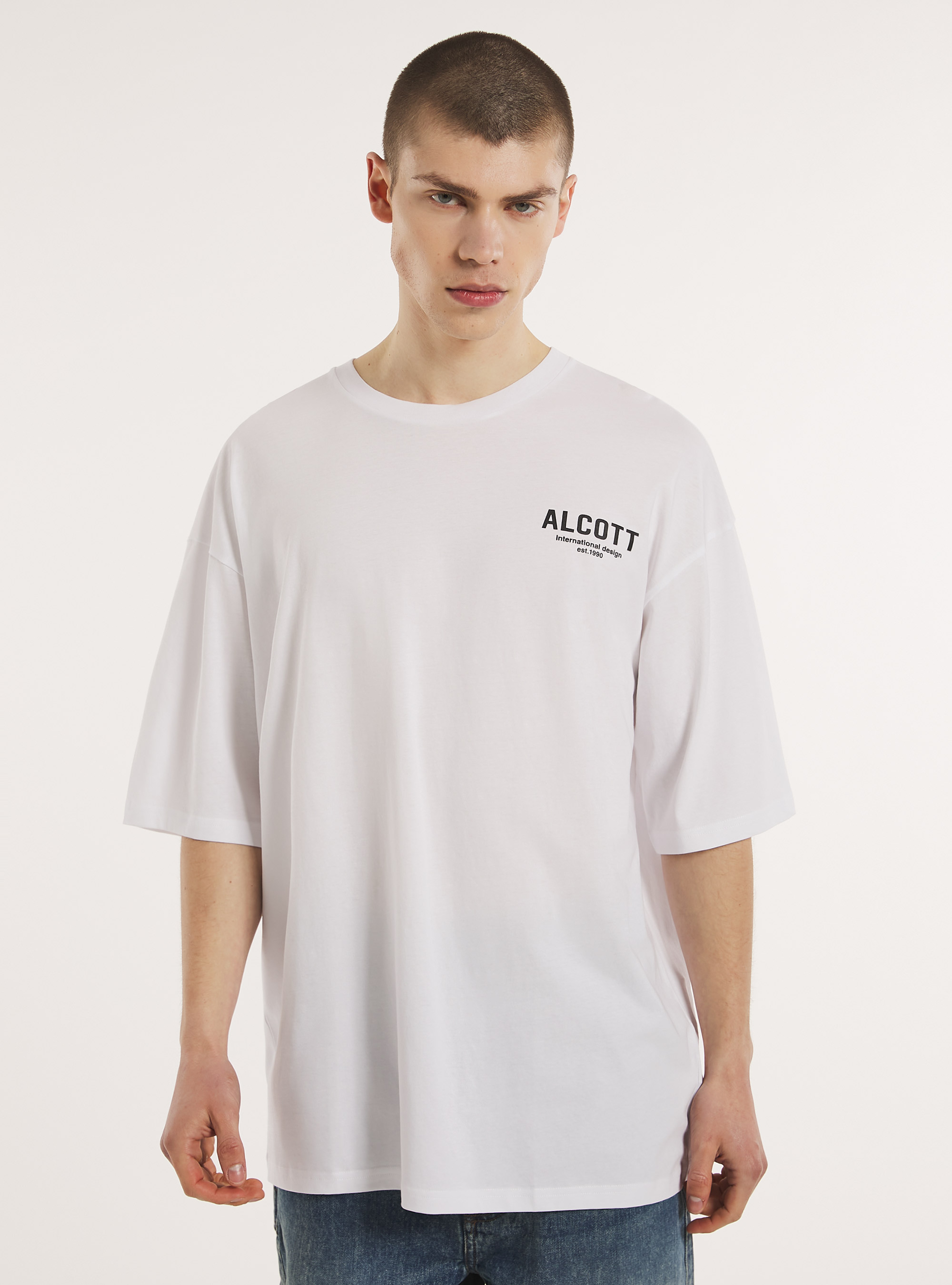 T-shirt en coton &agrave; la coupe large, WH3 WHITE