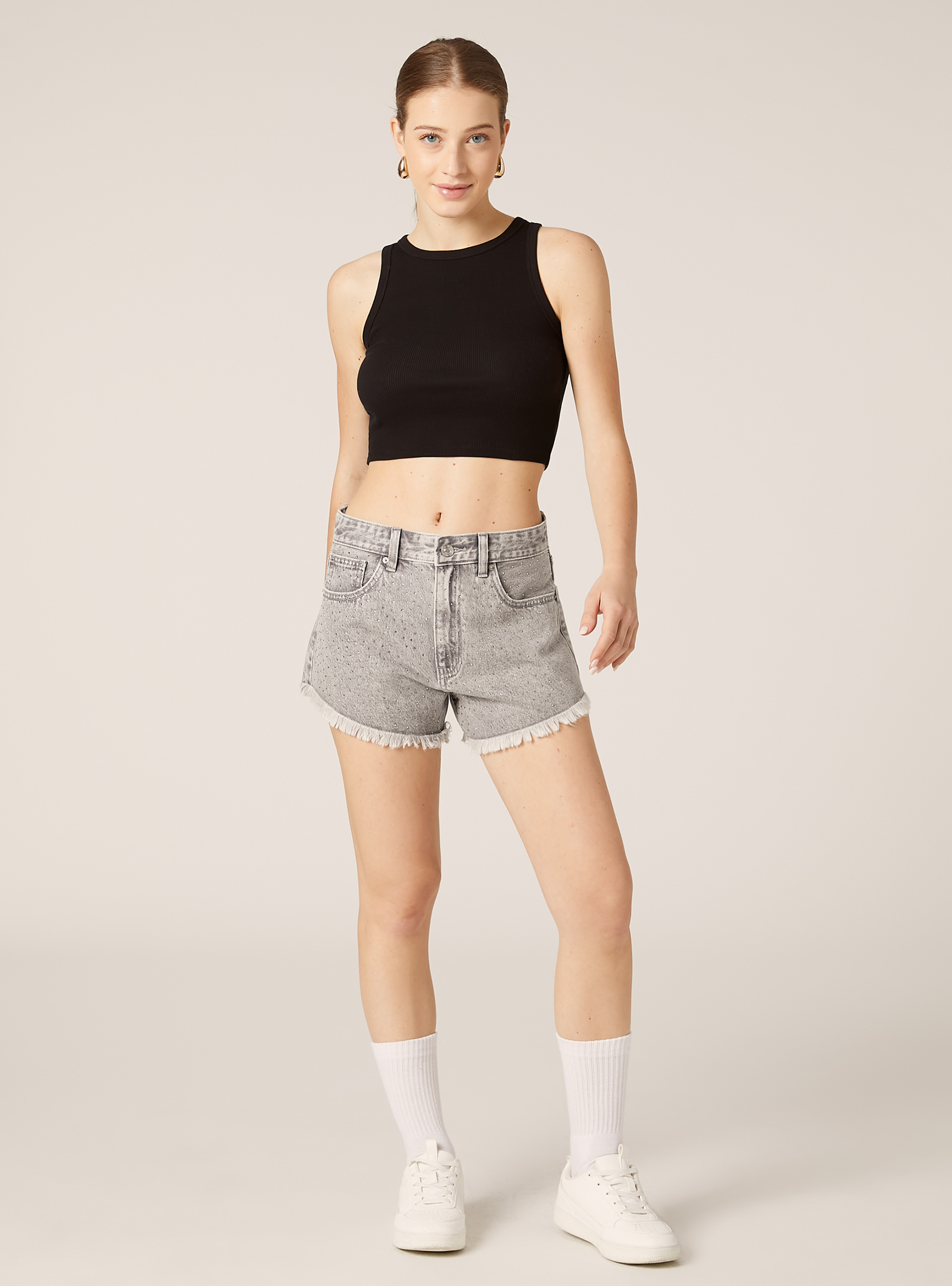 Shorts in denim con strass, D00G GREY