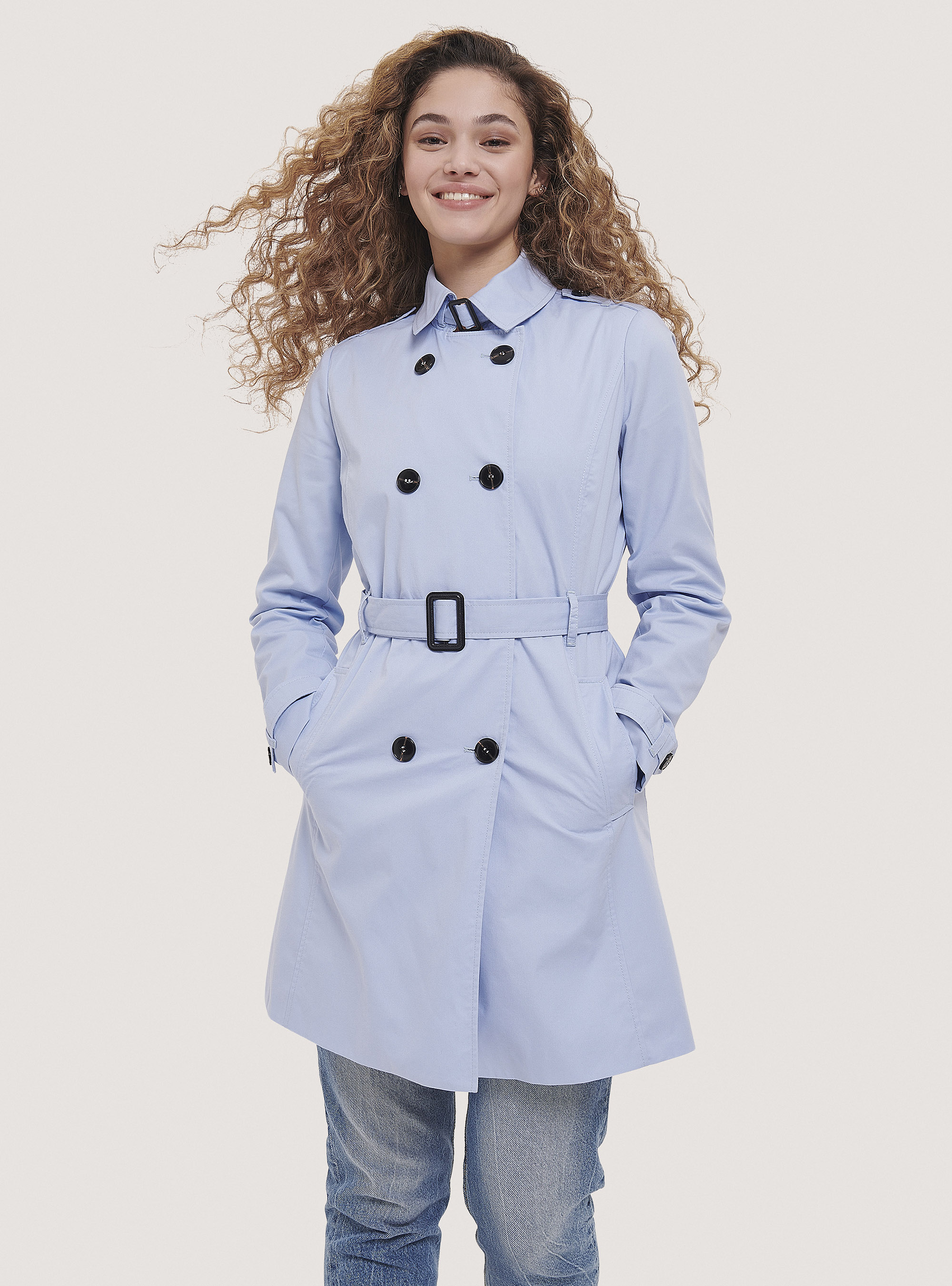 Trench morbido con cintura, AZZURRO