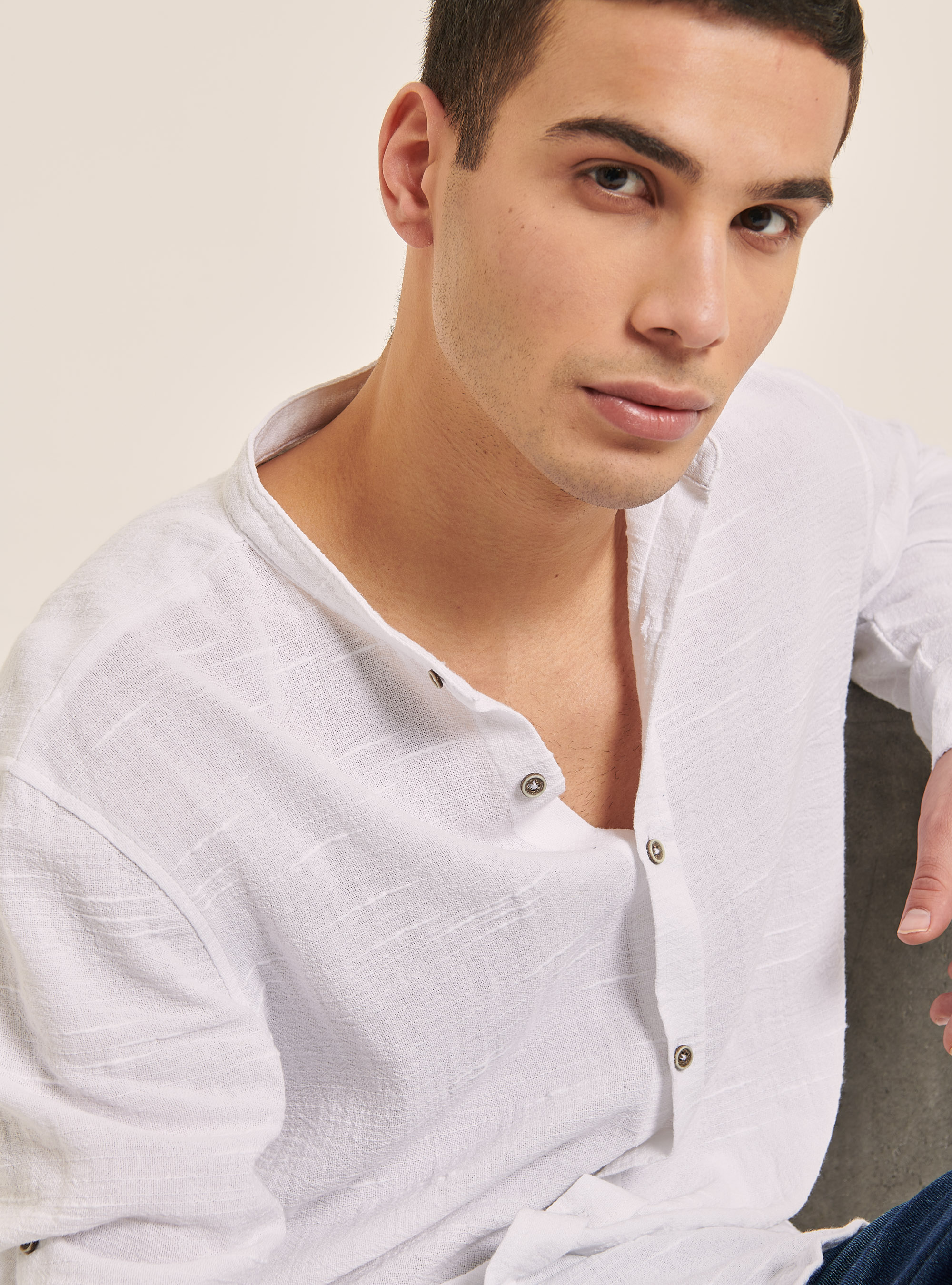 Chemise en lin mélangé avec col coréen, C099 WHITE