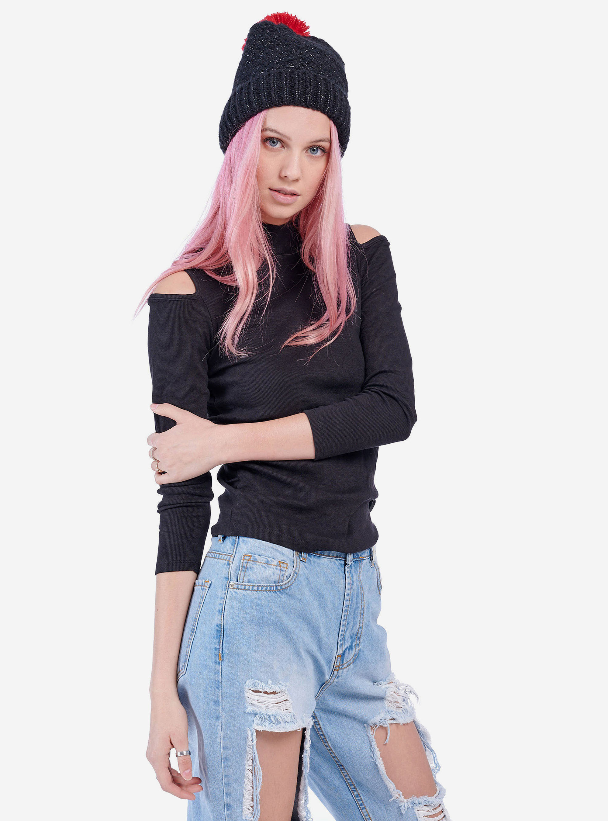 HIGH NECK SWEATER WITH BARE SHOULDERS, BLACK