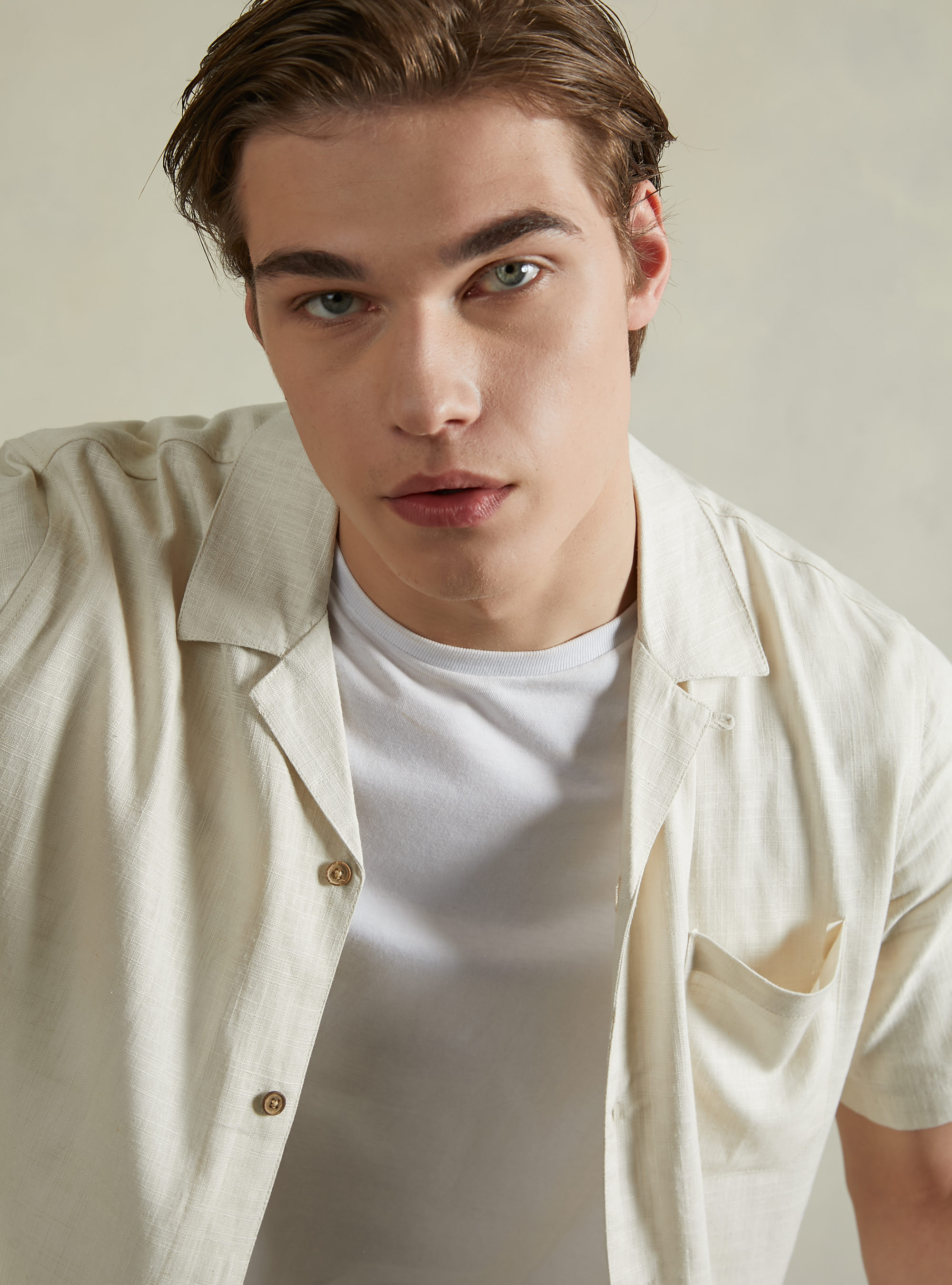 Linen blend shirt with bowling collar, BG3 BEIGE LIGHT