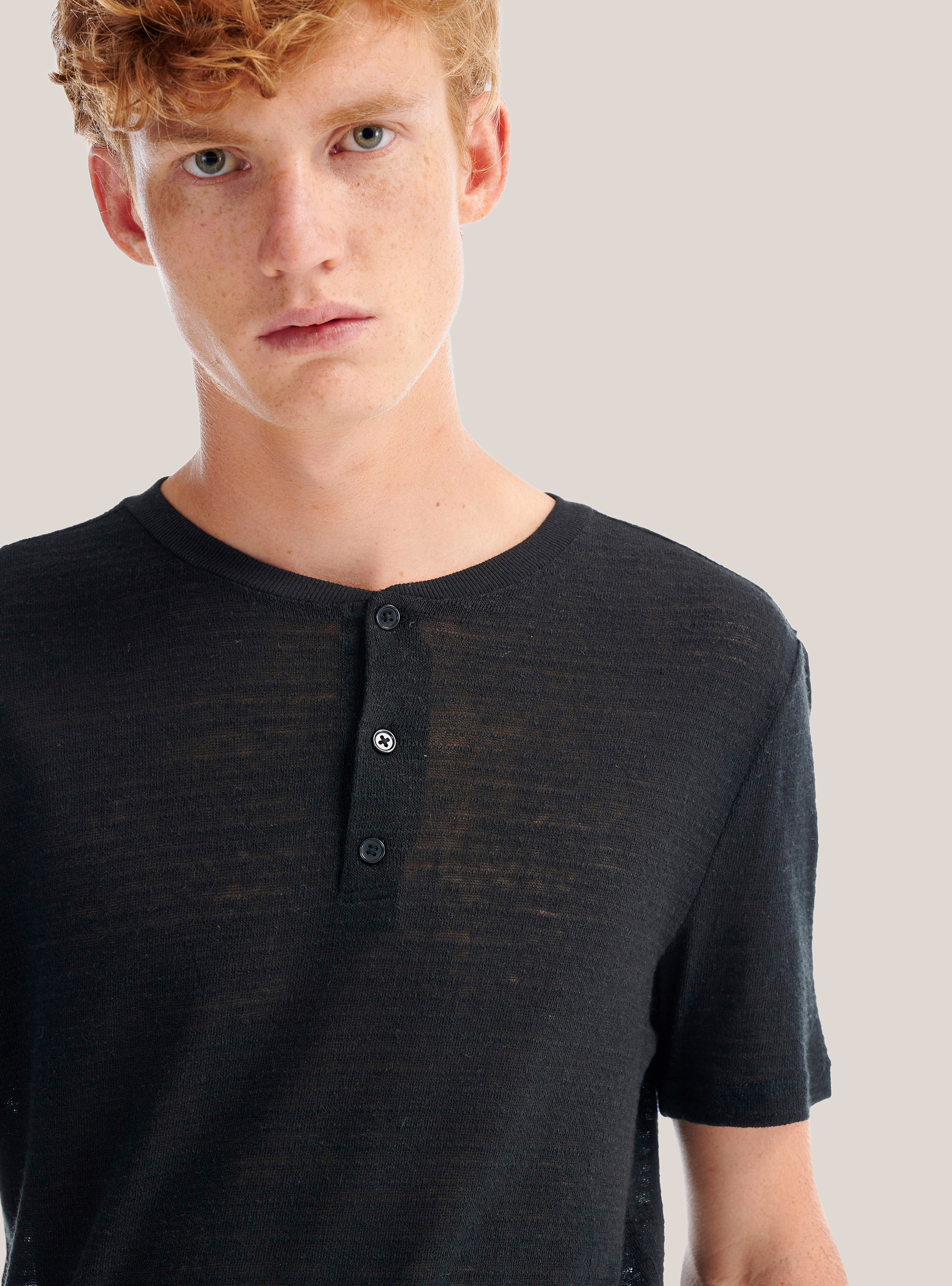 Maglietta serafino in misto lino, NERO