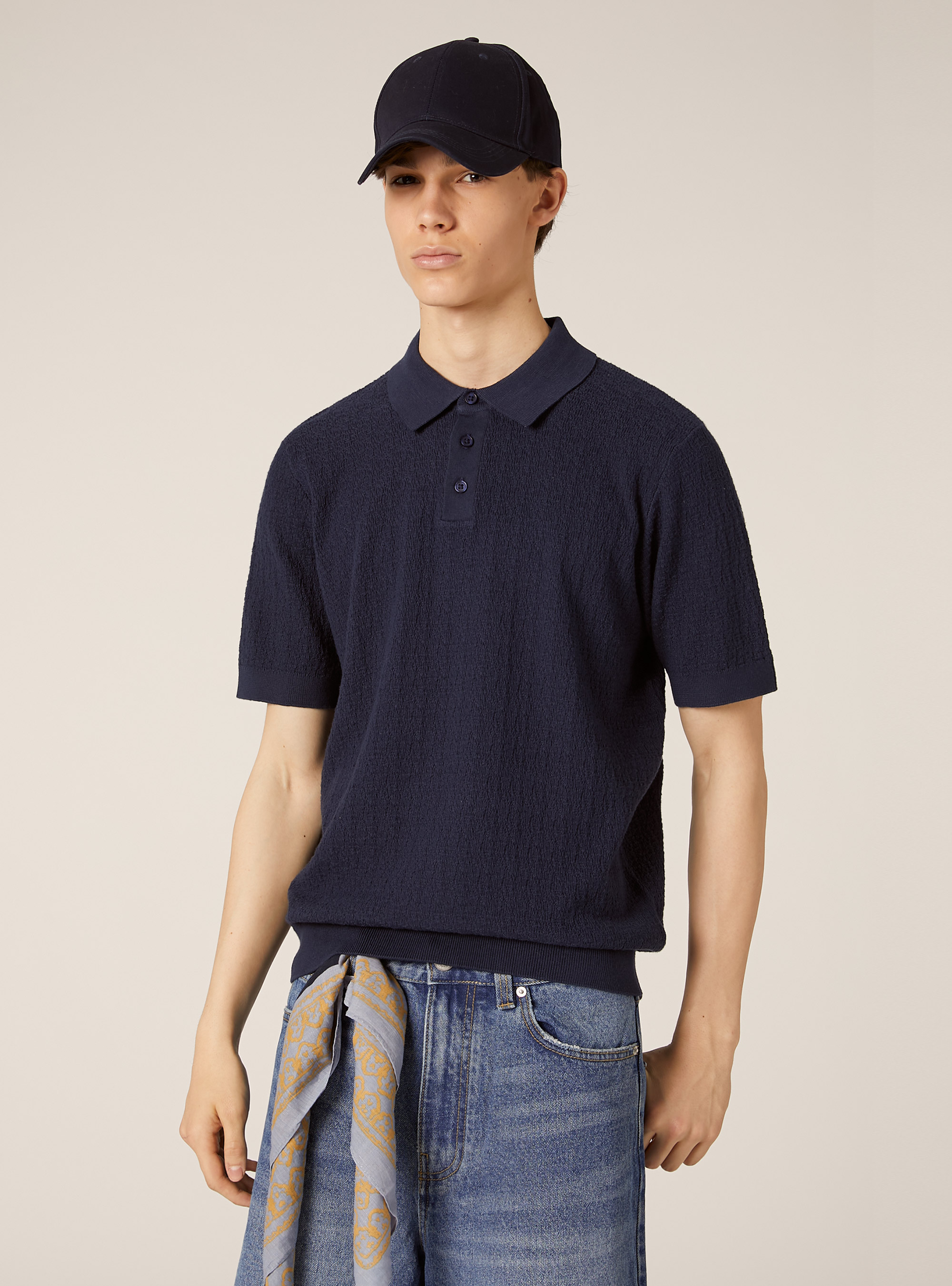Polo en maille textur&eacute;e, MNA2 NAVY MEL MED