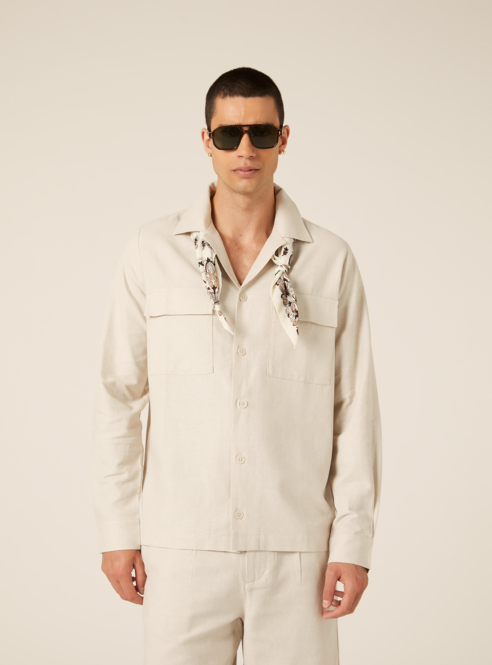 Camicia  con tasconi  in misto lino, MBG2 BEIGE MEL MED
