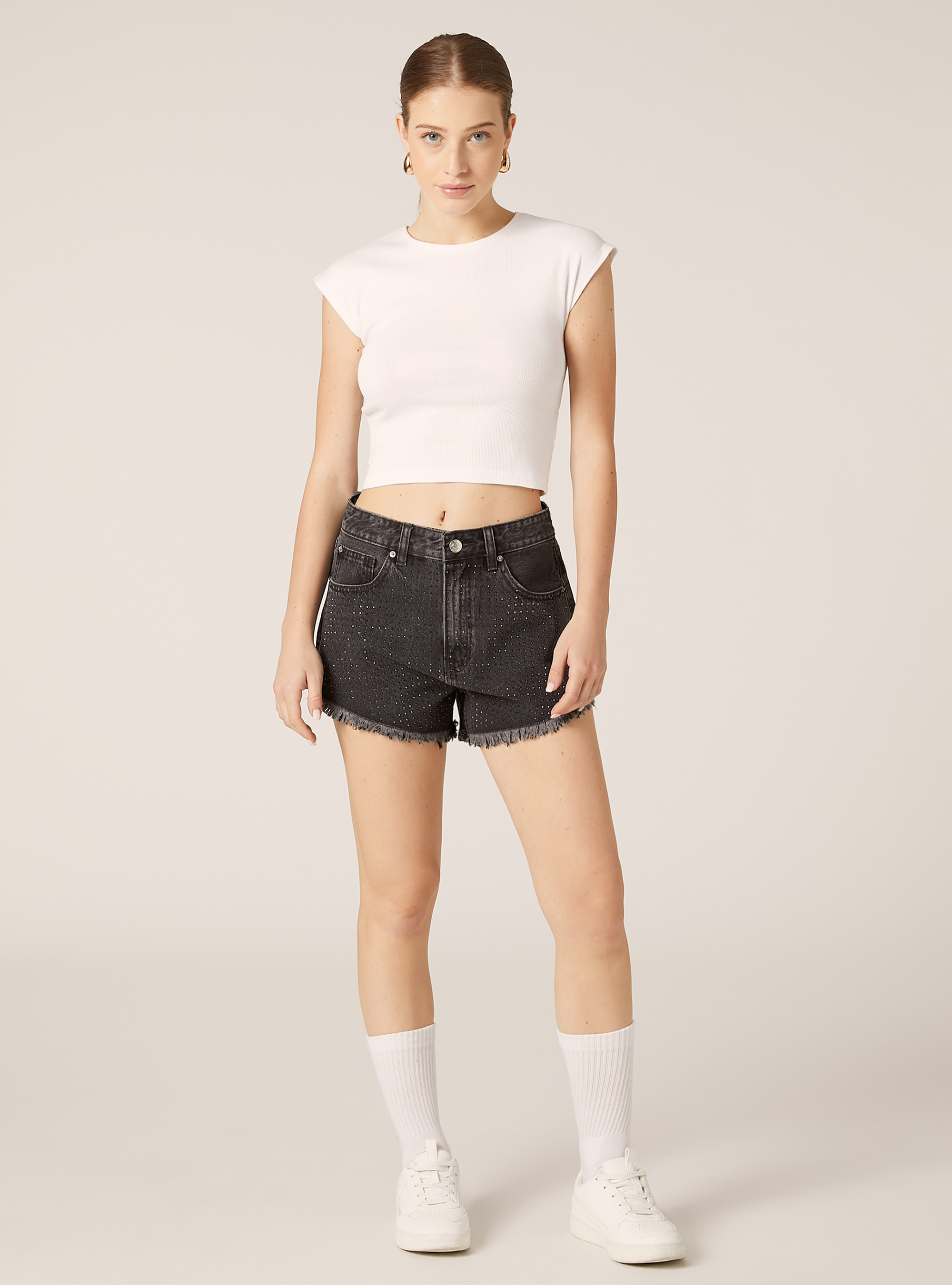 Shorts in denim con strass, D000 BLACK