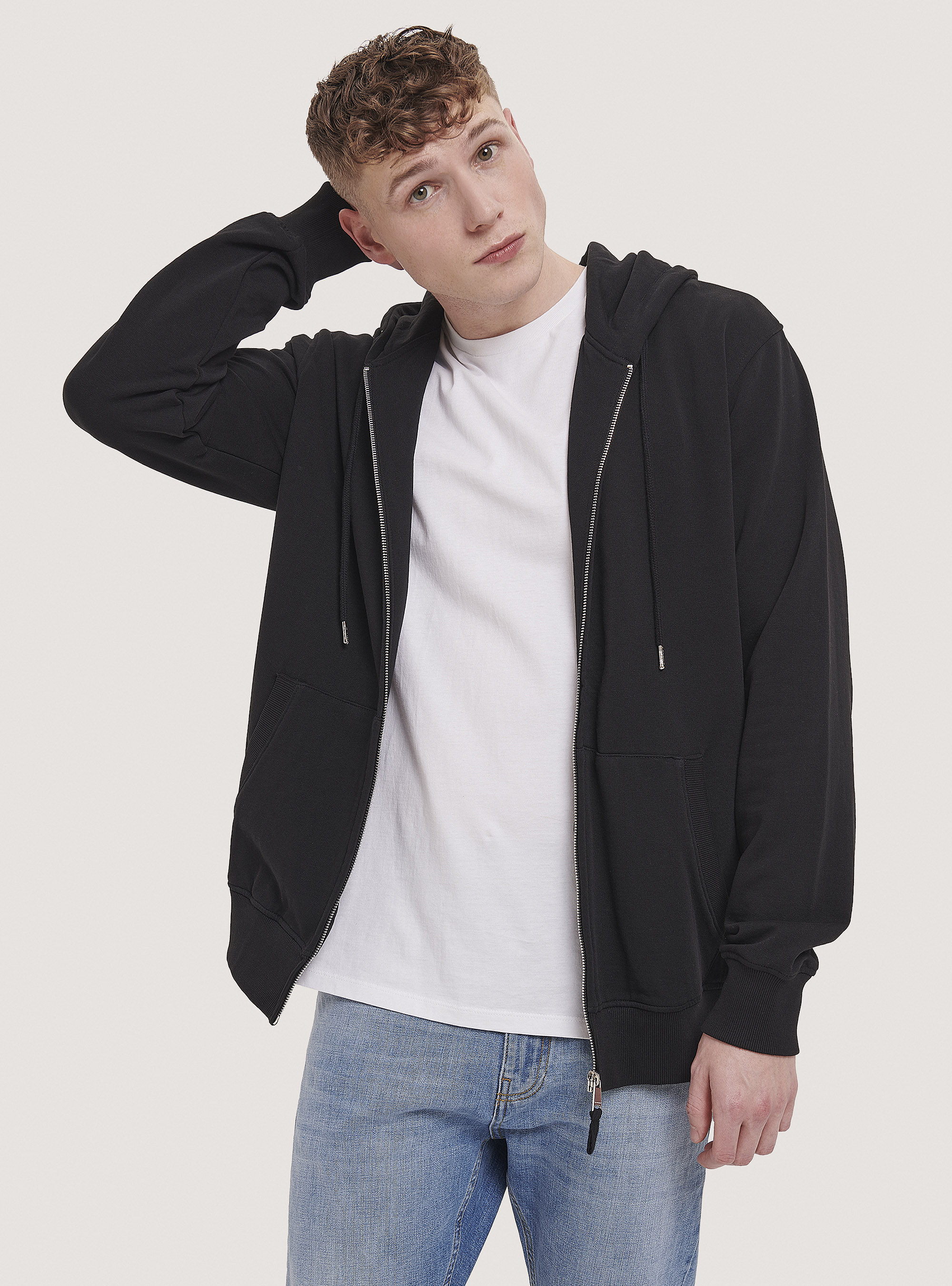 Basic hooded sweatshirt in cotton, BLACK