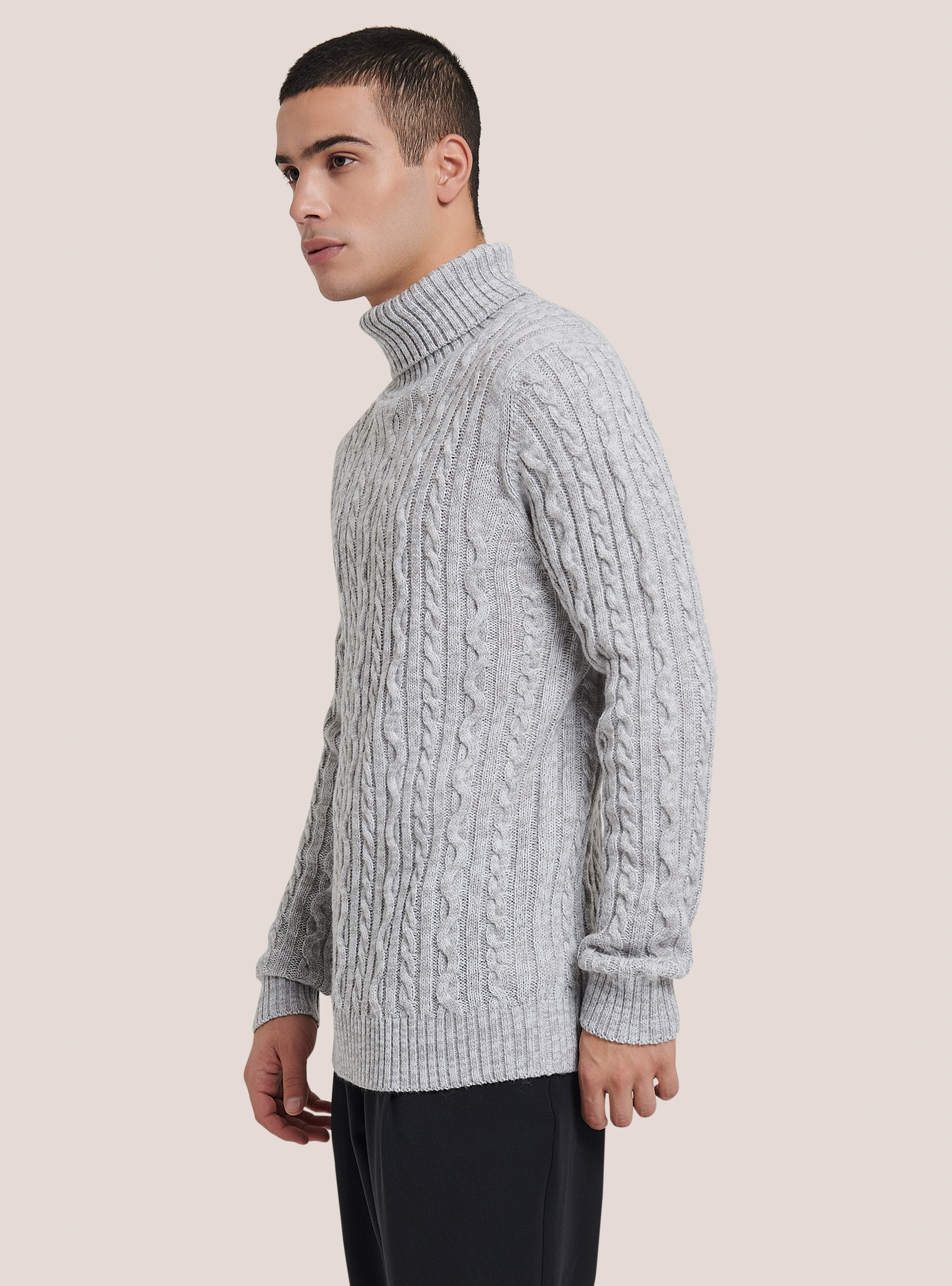 Pullover collo alto con trecce, MGY3 GREY MEL LIGHT