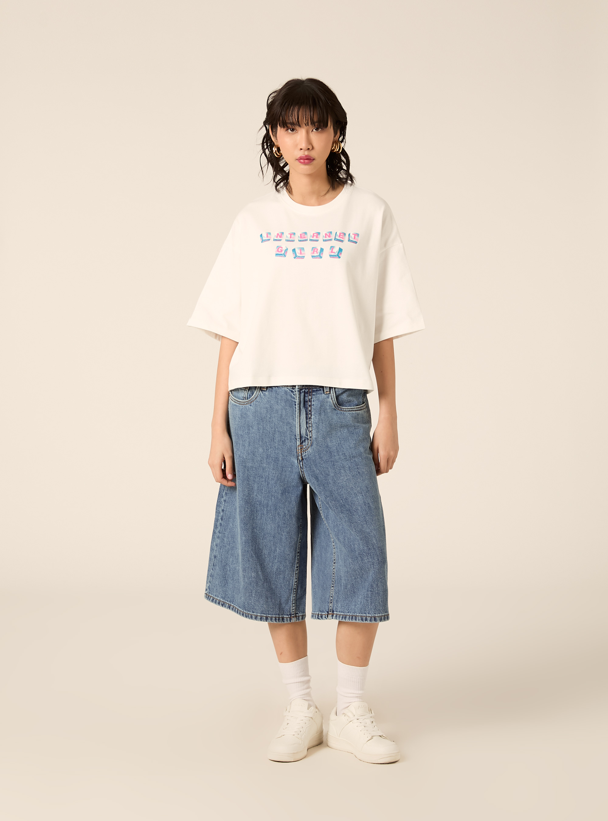 T-shirt boxy con stampa internet girl, WH2 WHITE