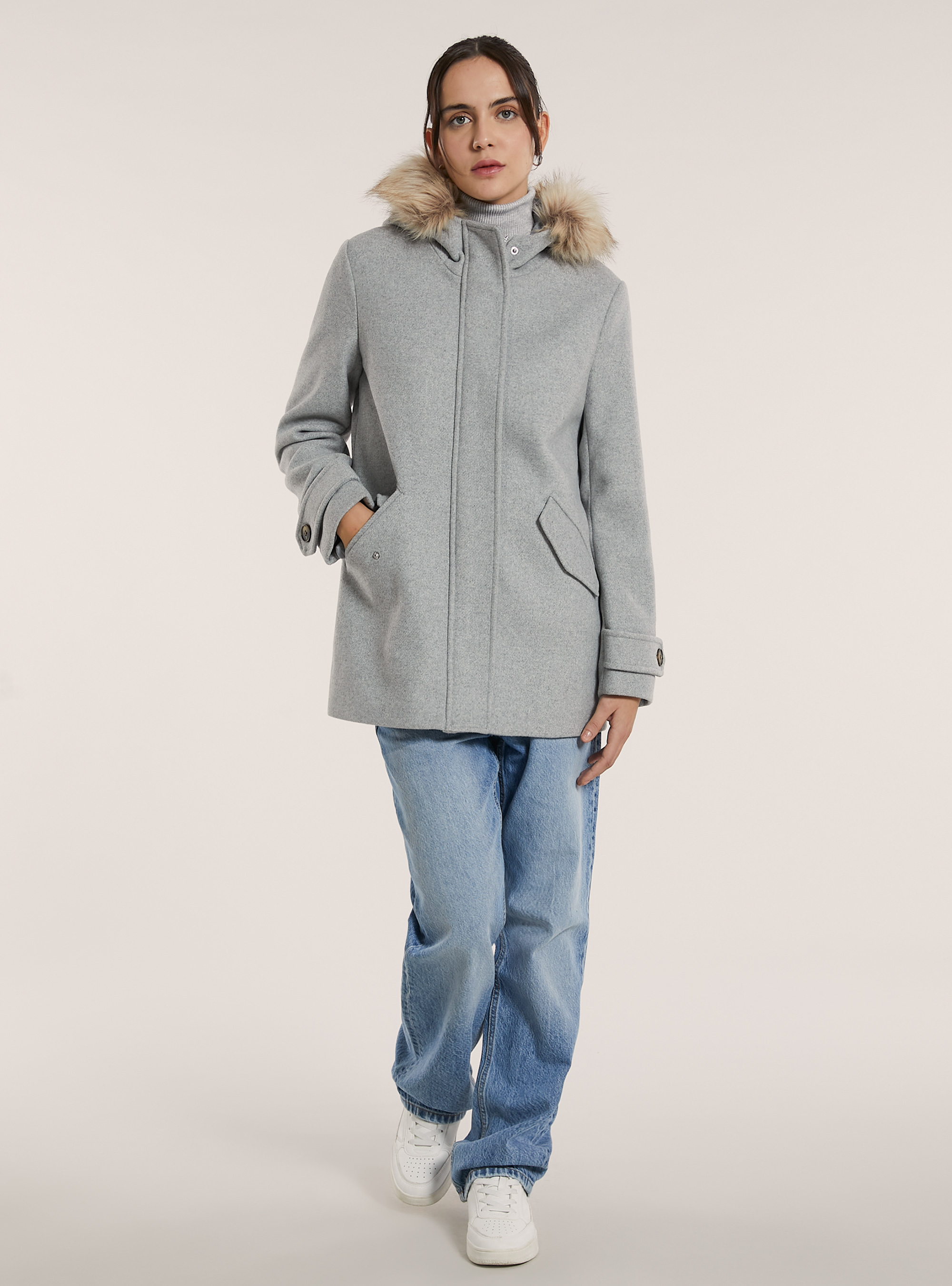 Cappotto corto con cappuccio, MGY3 GREY MEL LIGHT