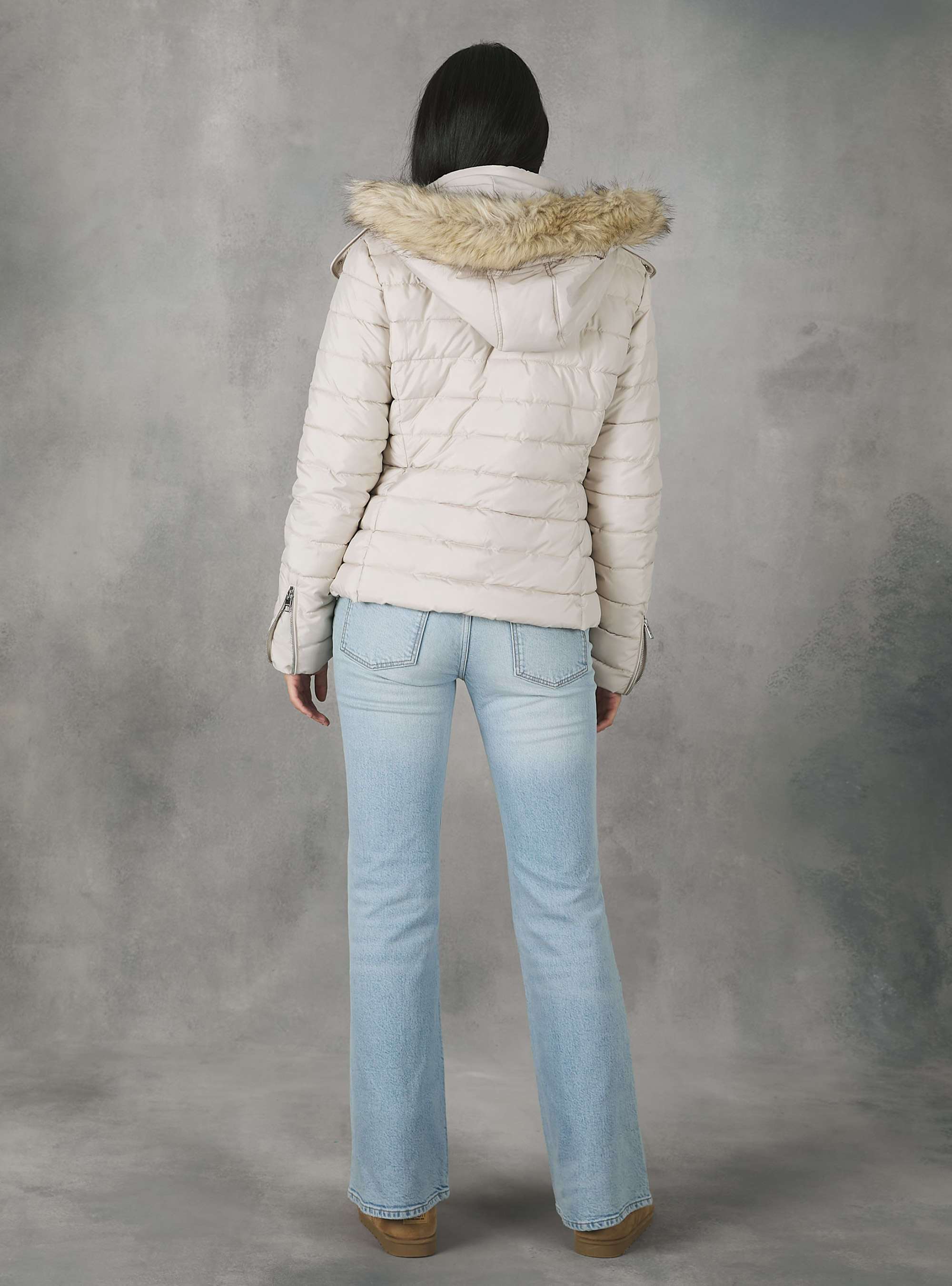 Padded jacket with hood and faux fur collar, BG2 BEIGE MEDIUM