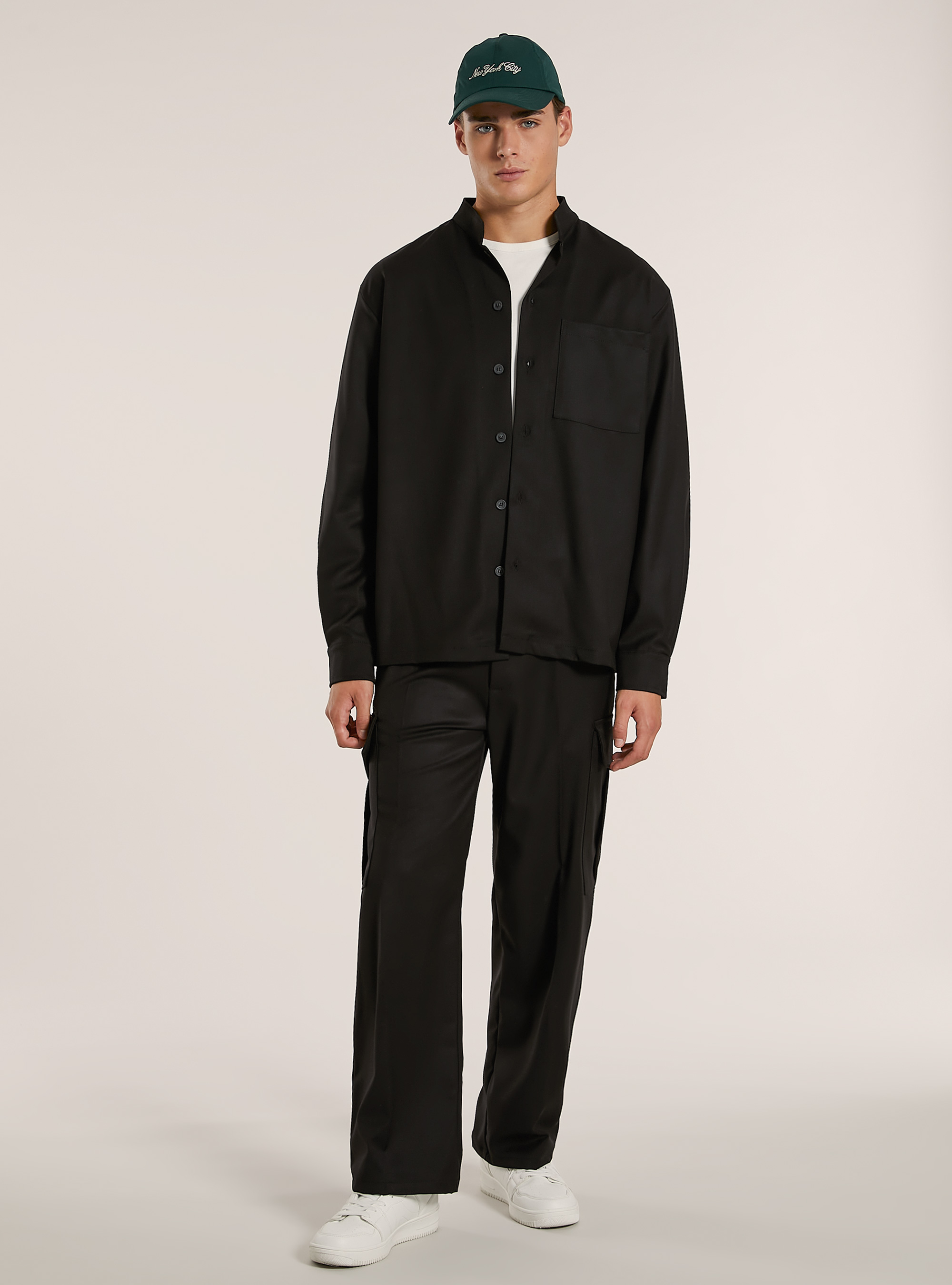 Camicia collo coreano con taschin in misto viscosa, BK1 BLACK