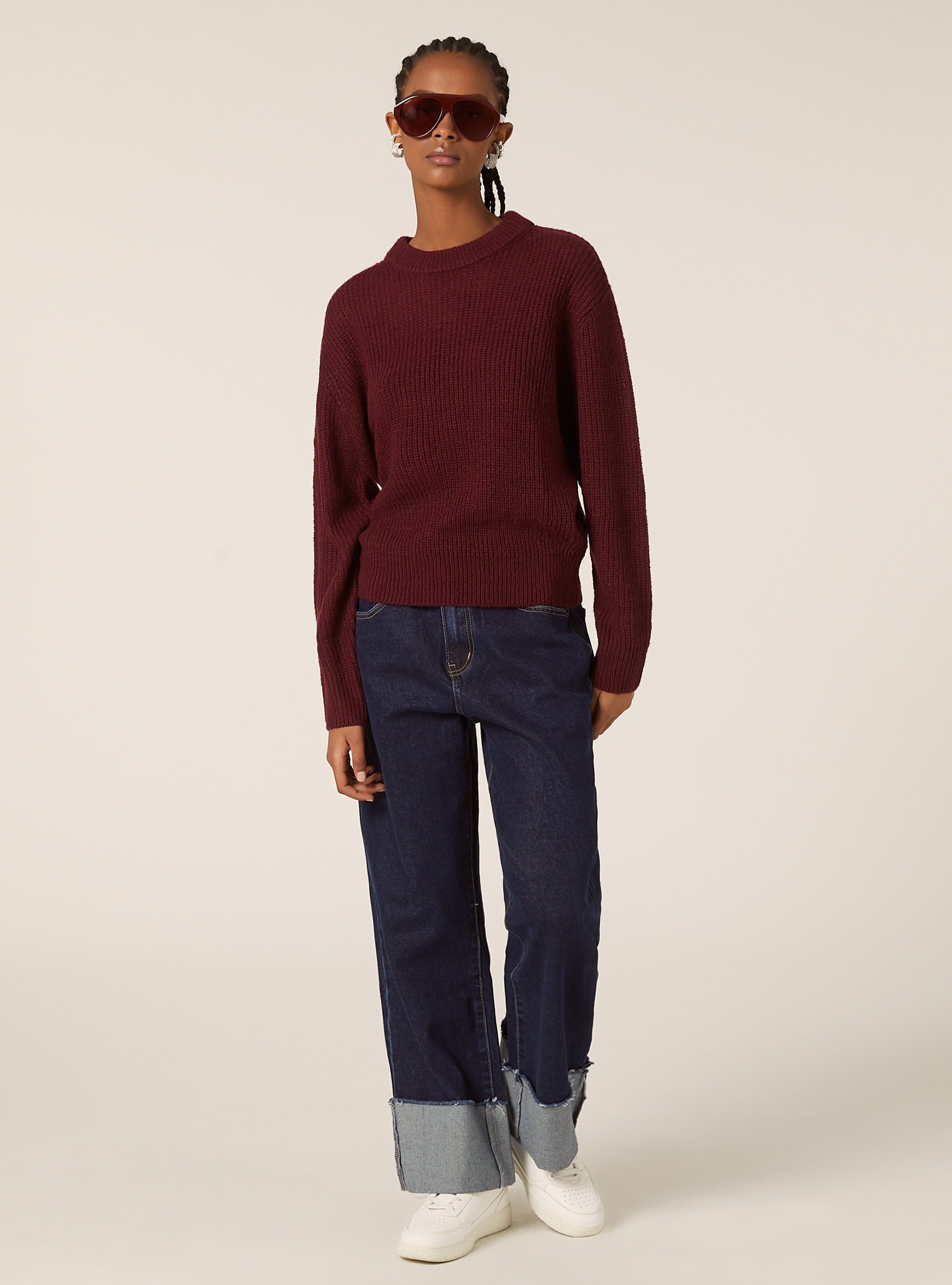 Pullover girocollo tinta unita, BO1 BORDEAUX DARK