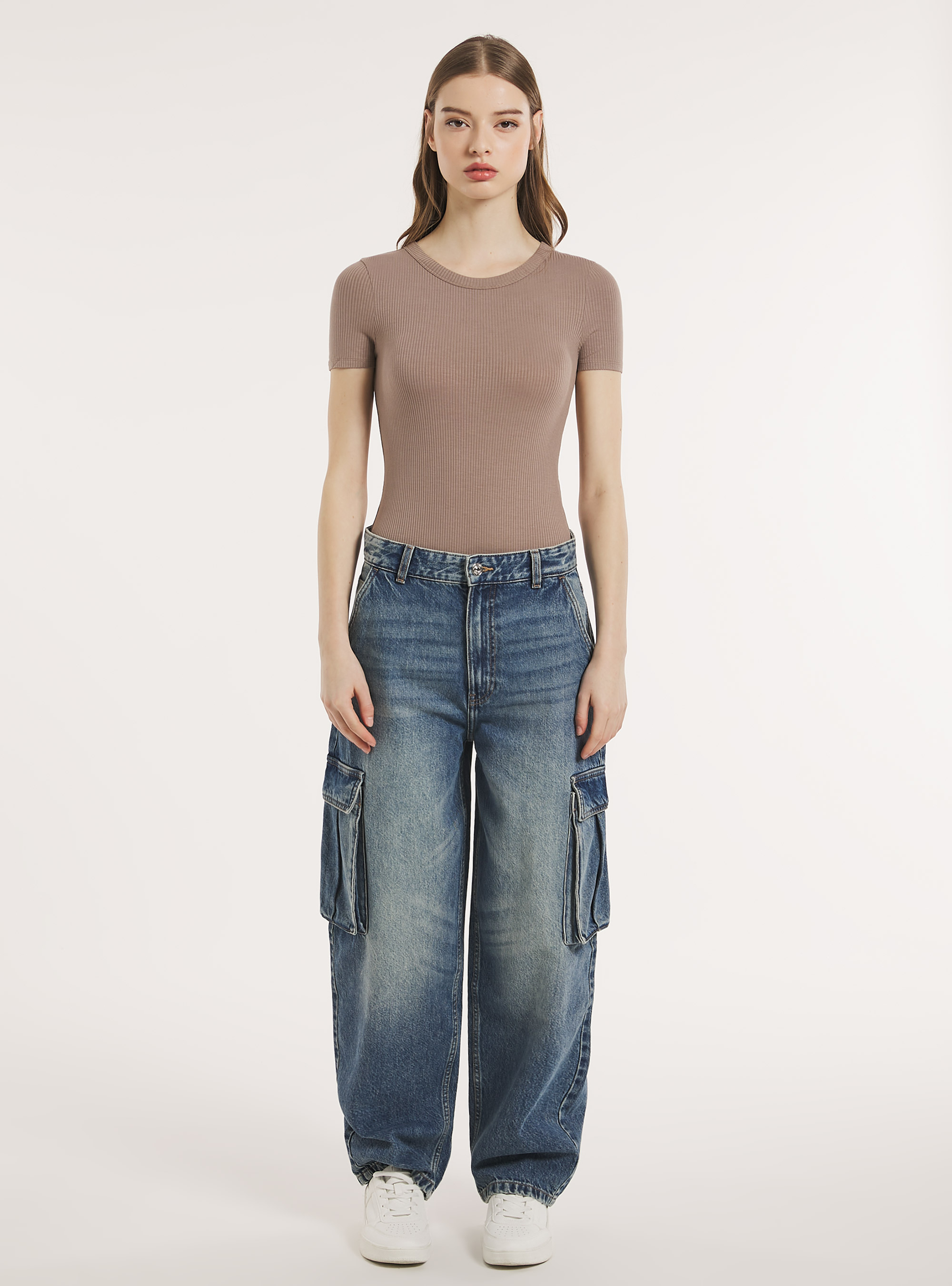 Ribbed short-sleeved bodysuit, BG3 BEIGE LIGHT