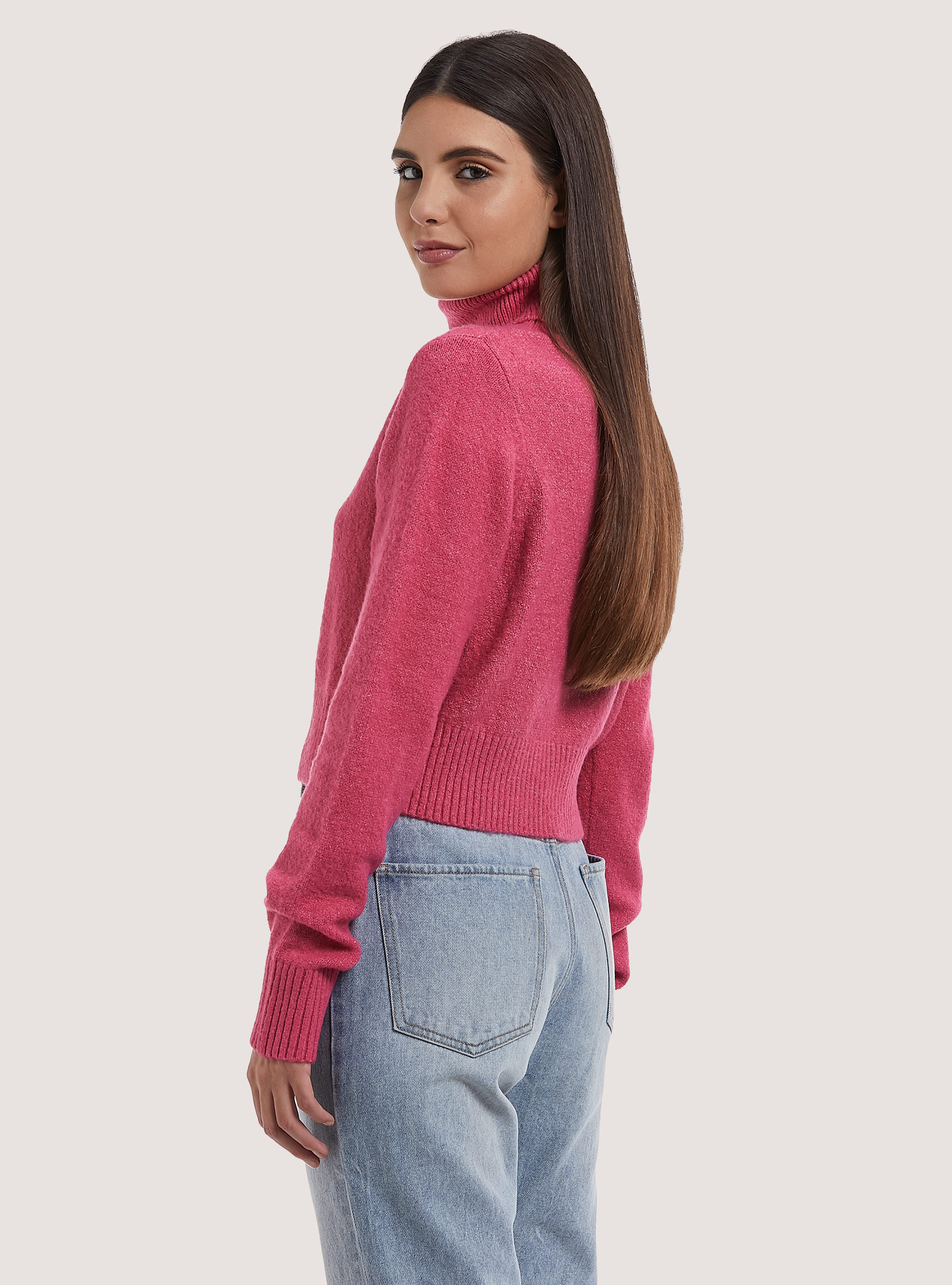Pullover morbido cropped a collo alto, FX3 FUXIA LIGHT