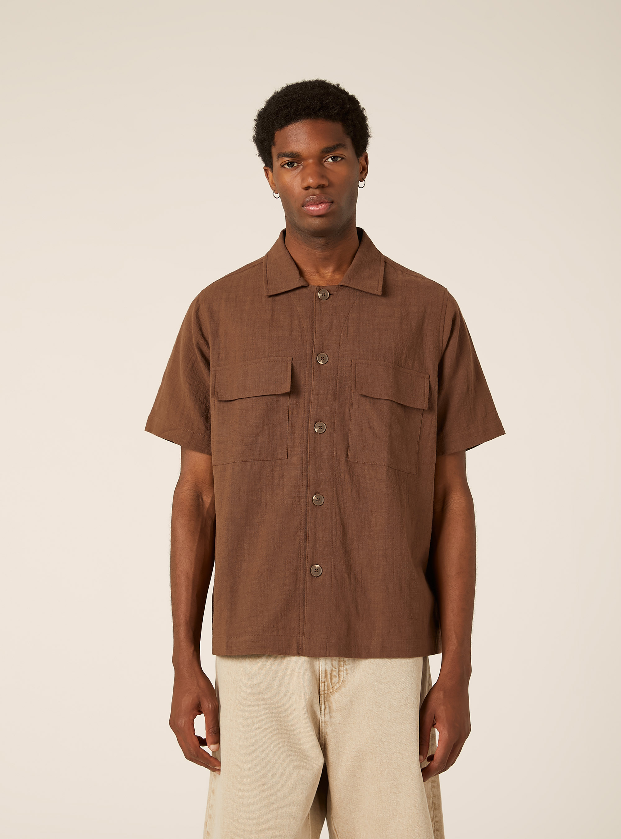 Chemise en coton &agrave; manches courtes, BR1 BROWN DARK