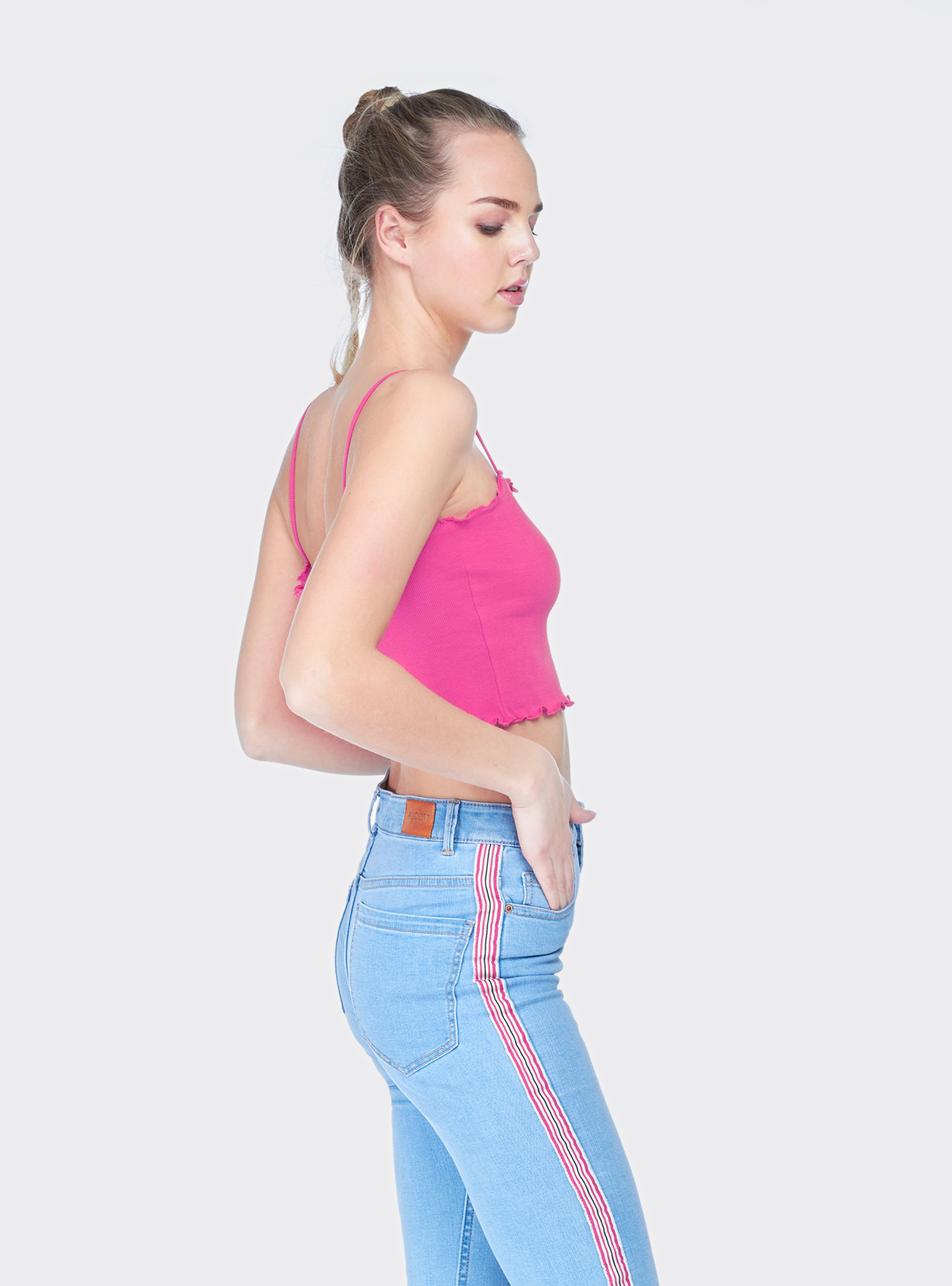 Cropped top a costina in cotone elasticizzato e rouche, C0460 FUXIA
