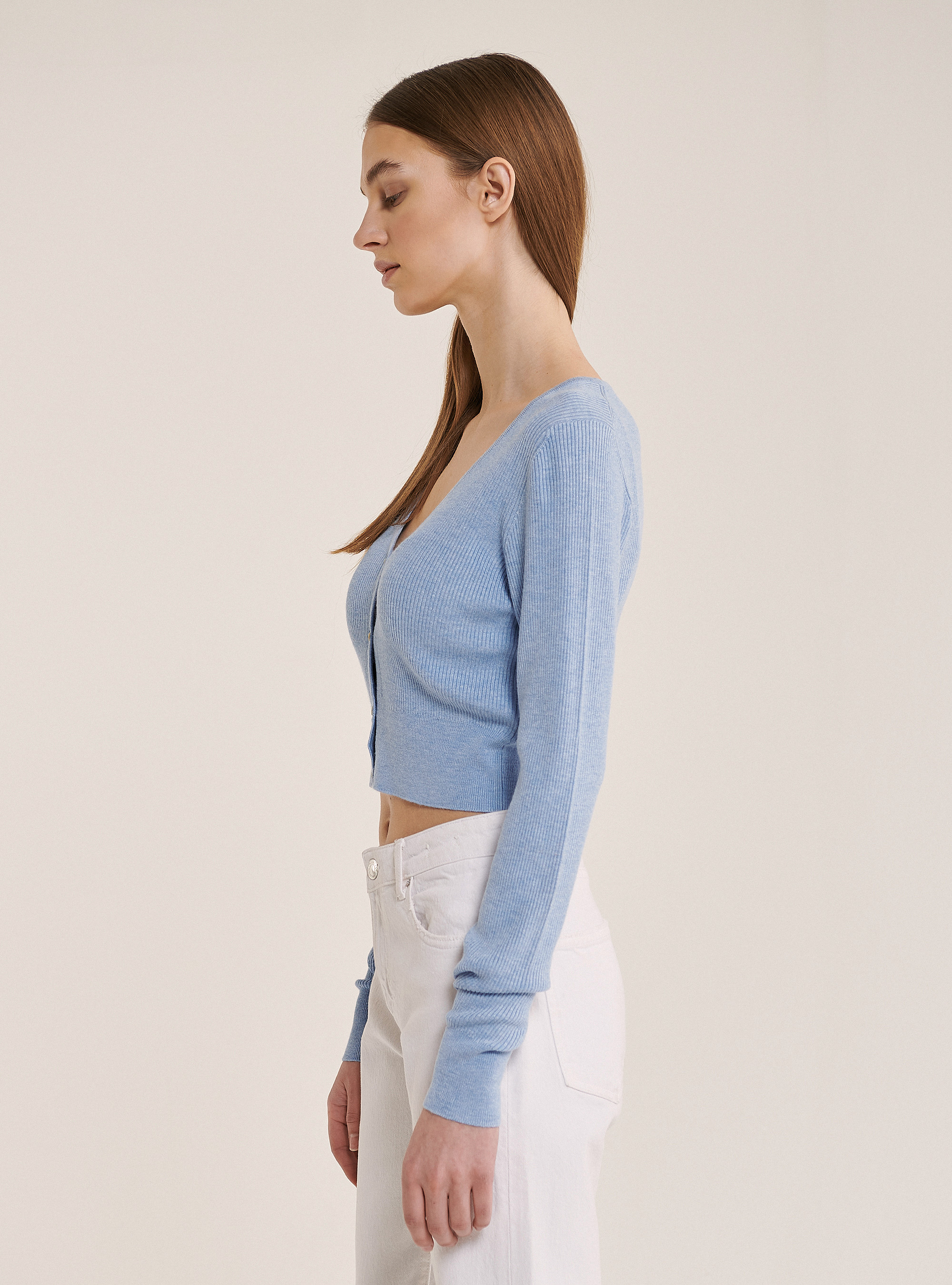 Cropped rib cardigan, AZURE